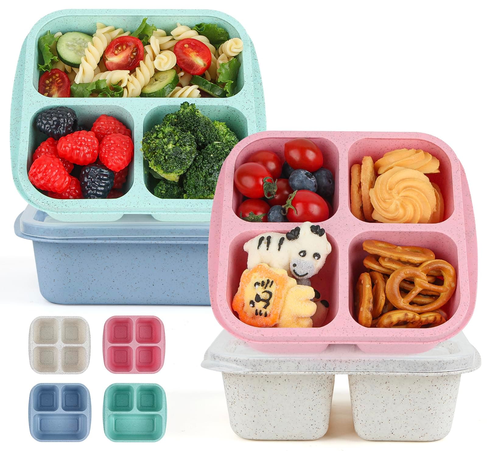 MaMix Snack Box Containers for Kids,2 PCS 3 Compartment Snack Containers + 2 PCS 4 Compartment Snack Boxes for Kids/Adults/Toddlers/, Reusable Lunchable Container for School Travel (wheat)