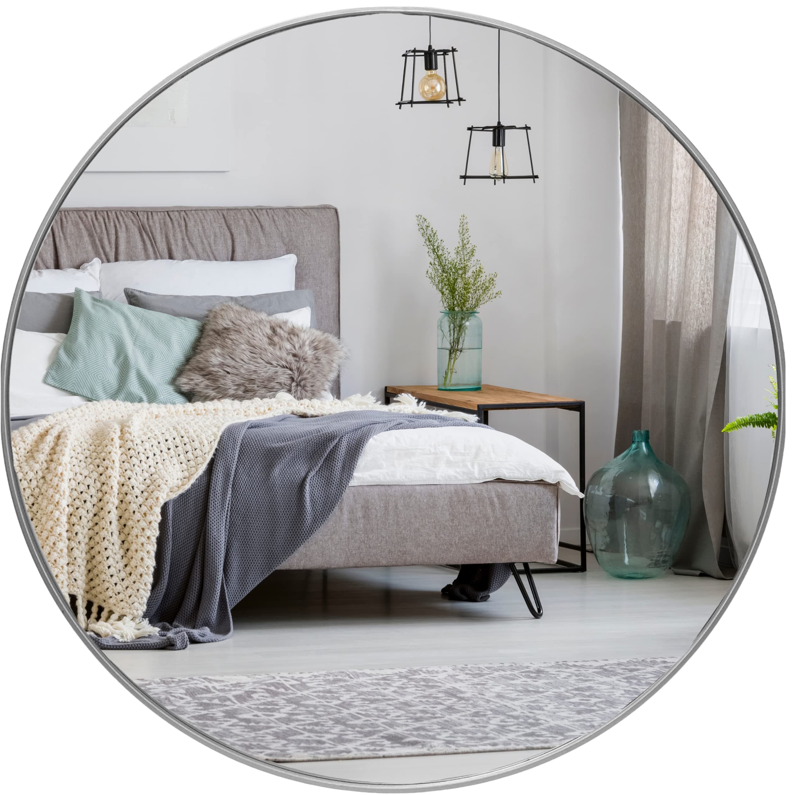 Round Wall Mirror - 24" / 61cm, Silver Frame - Silver Backed Mirror with Metal Frame - Shatter Resistant, Safe Hanging - Minimalist Design for Entryway, Bathroom, Living Room & More