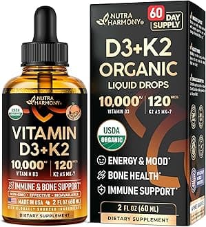 Vitamin D3 K2 USDA Organic Drops - Vitamin D3 10000 IU & K2 as MK-7 120mcg - Immune & Mood Support, Bone & Teeth Health - Sugar-Free Orange Flavor - Liquid Supplement - Made in USA - 2 FL OZ, 60 Days