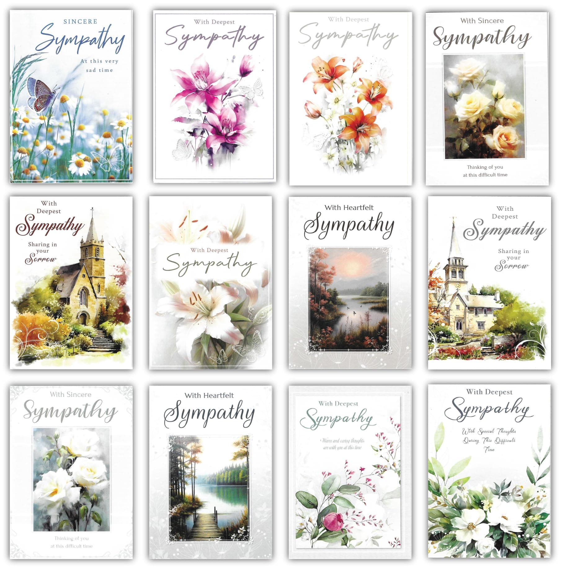 12 Assorted Sympathy/Bereavement Cards with envelopes. Greetingles Mixed Pack.