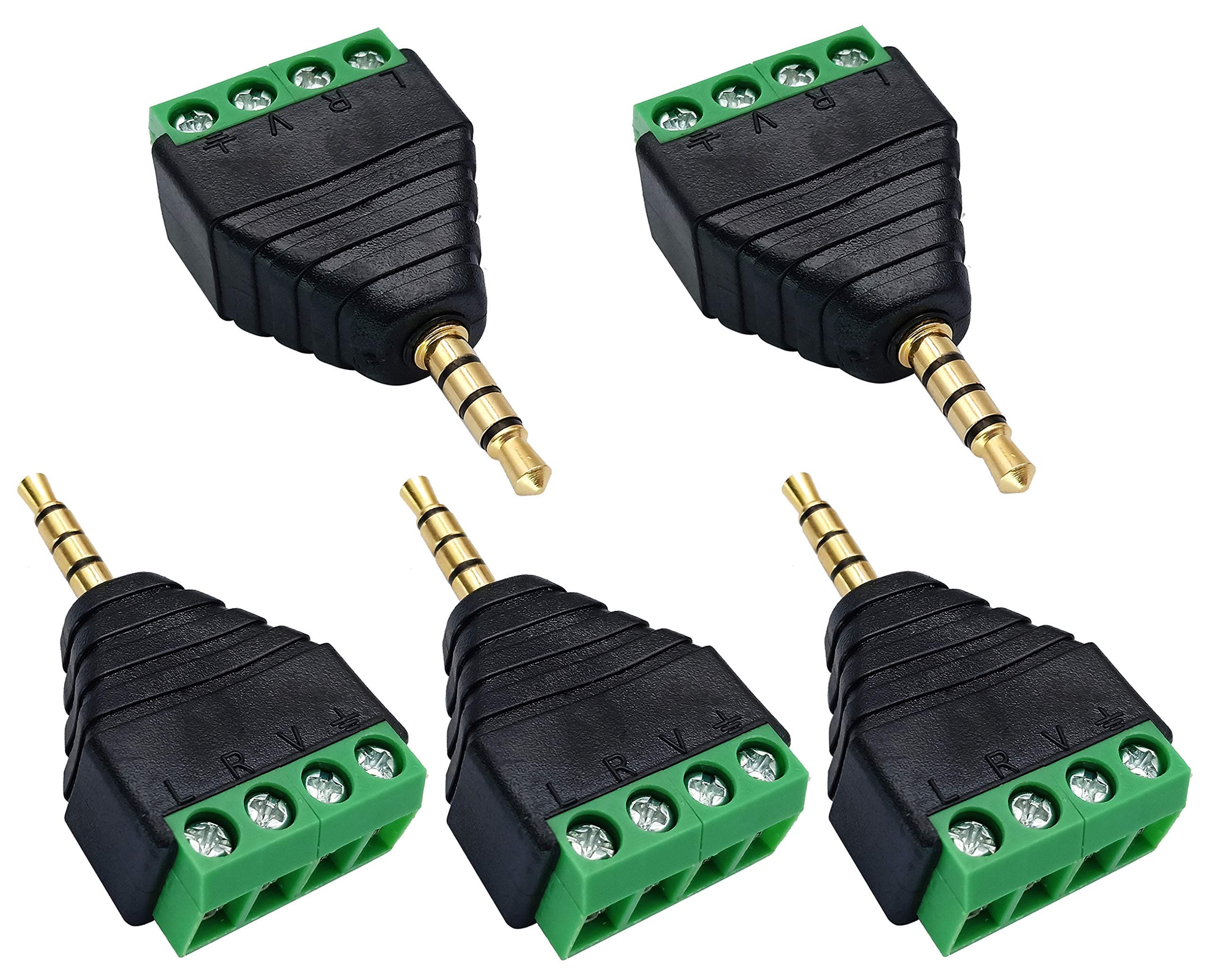 4 Pole 3.5mm Screw Terminal 3.5mm (1/8) Stereo TRRS Audio Male to AV 4 Pin Female Screw Terminal Double Track Headphone Balun Solderless Converter Adapter(5 Pack/Male)