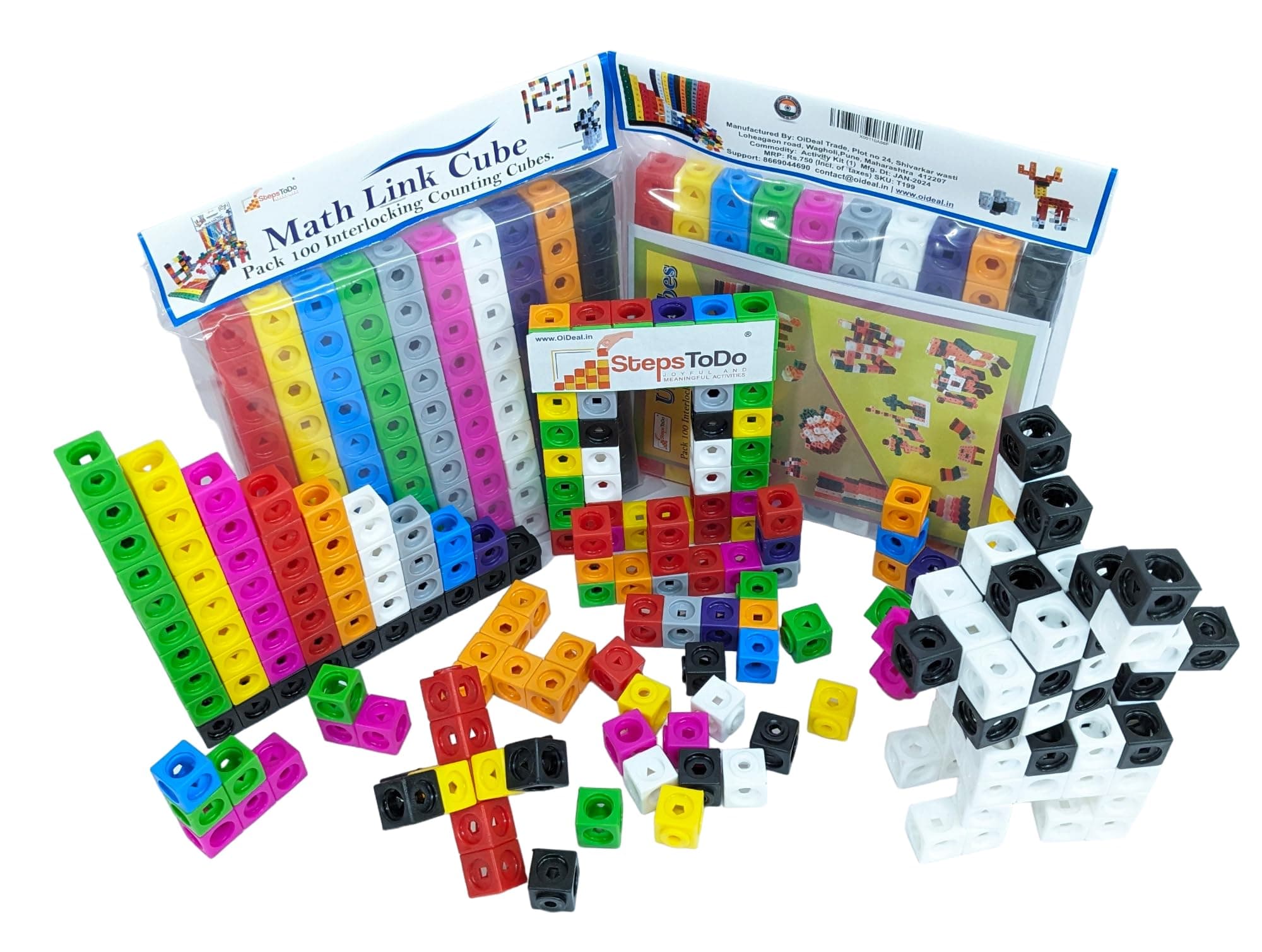 100 Interlocking Math Cubes Set – 2 cm Educational Manipulatives for Counting, Linking, Colours Sorting & Pattern Activities with Booklet