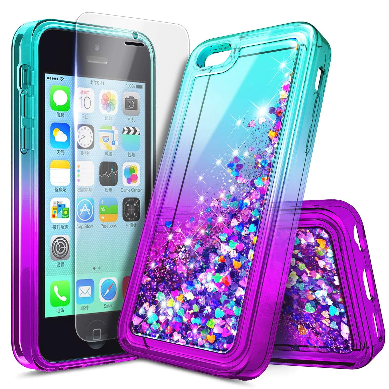 iPhone 4S / iPhone 4 Case with Screen Protector for Girls Kids Women, NageBee Glitter Liquid Quicksand Waterfall Floating Sparkle Shiny Bling Diamond Cute Case for iPhone 4/4S -Aqua/Purple