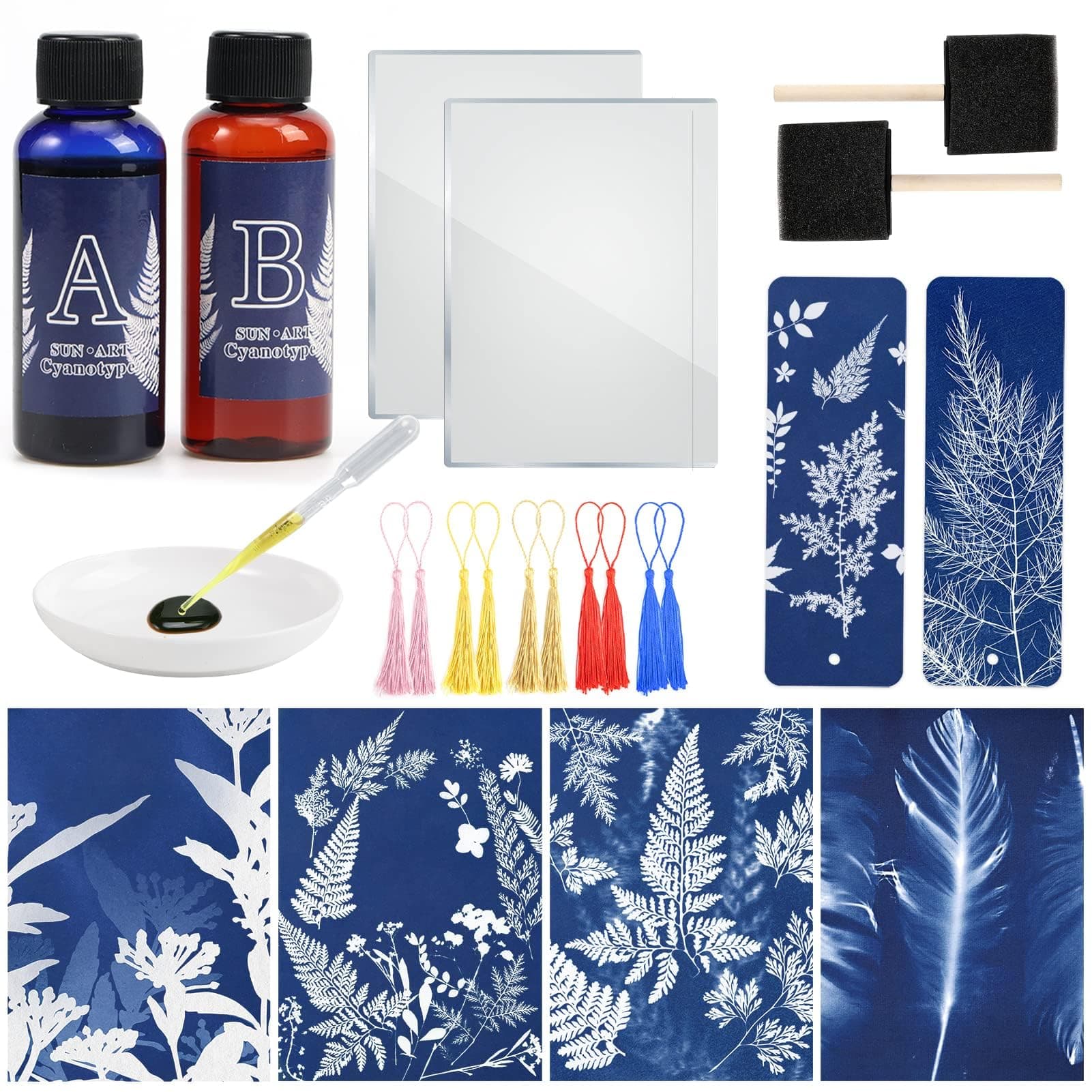 Csyidio Cyanotype Kit Includes 2 Component Sensitizer Set, 40 Sheets A5 Paper Brush Tools and Instructions Sun Print Nature Printing Kit for Photographic Blueprints DIY Arts Crafts Projects