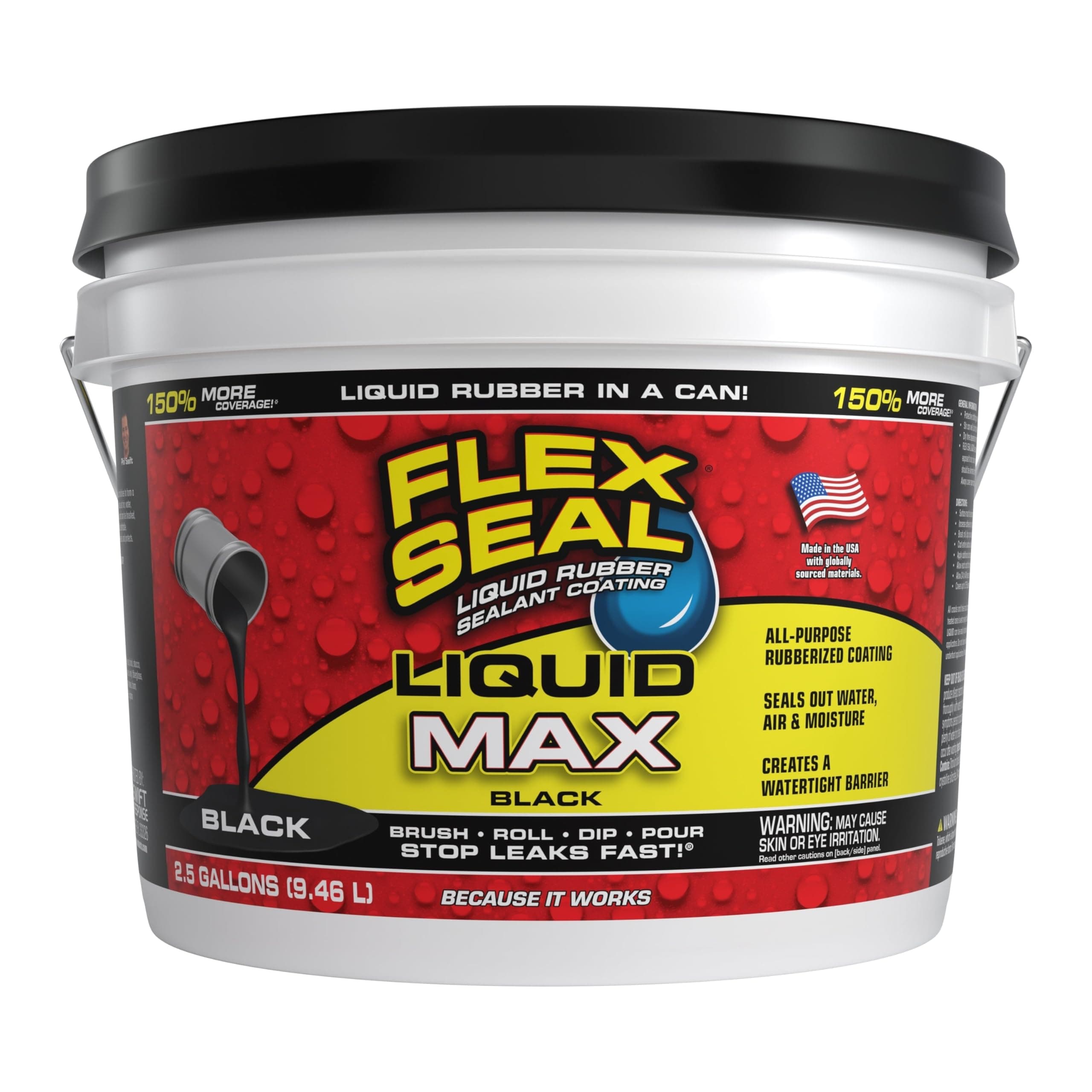 Flex Seal Liquid MAX, 2.5 Gallon, Black, Liquid Rubber Coating Sealant, Waterproof, Flexible, Breathable, and UV Resistant, Roof Repair, Basements, RV, Campers, Trailers, Marine, EPDM, Masonry