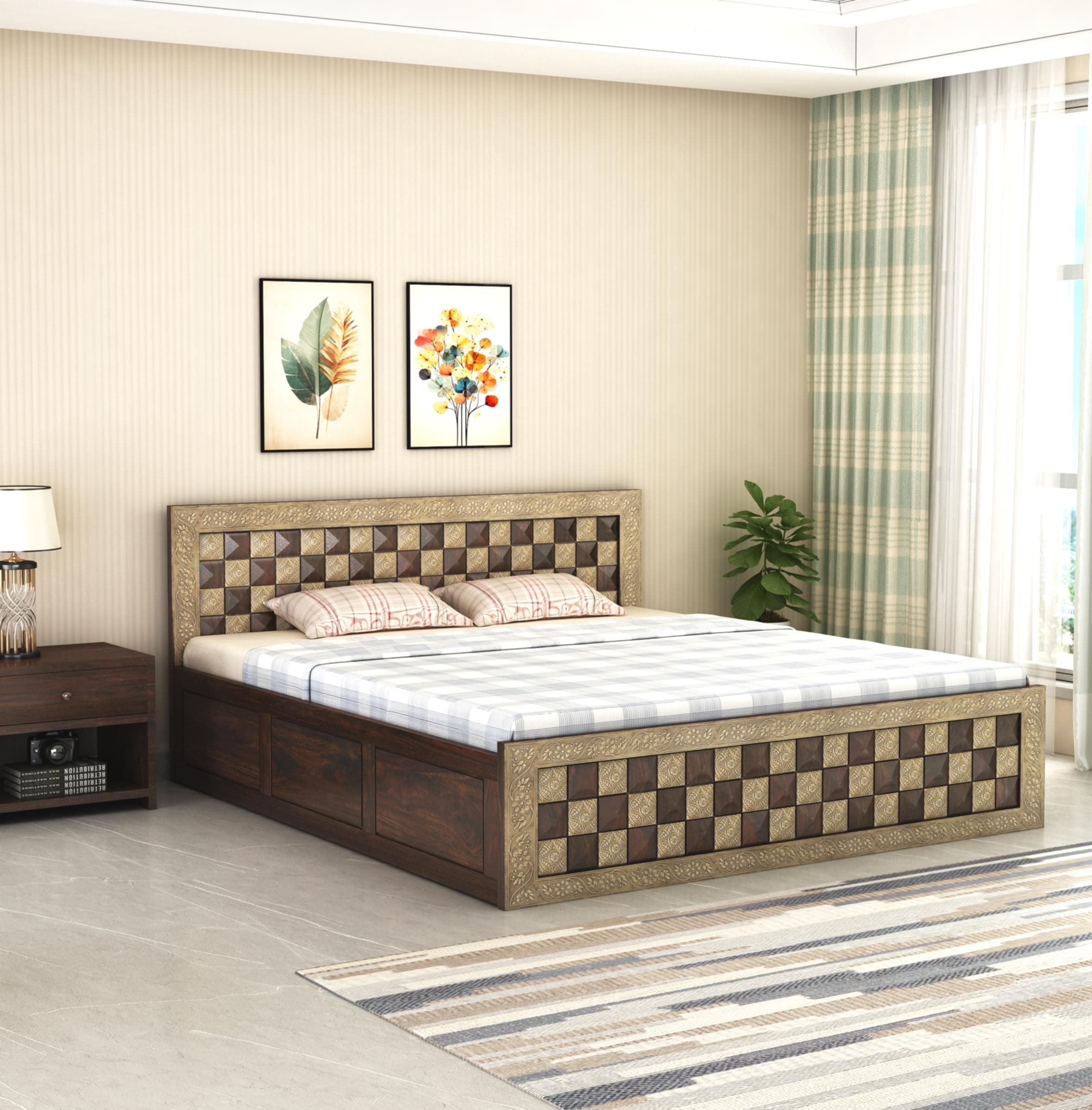 Wooden King Size Bed with Storage | Double Bed Cot Bed with Box Storage | Bed with Diamond Cut Brass Work for Bedroom & Hotel | Sheesham Wood | Walnut Finish, Recommended Mattress Size: 78 X 72