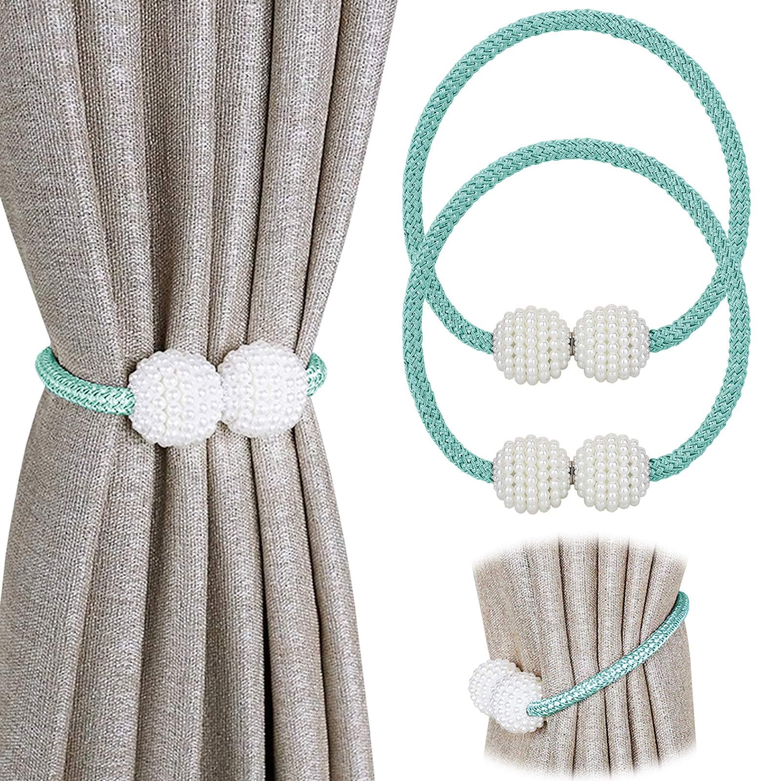 Pinowu Magnetic Curtain Tiebacks Clips (2 Pack) - Window Tie Backs Holders for Home Office Decorative Rope Holdbacks Classic Tiebacks Design (Aqua)