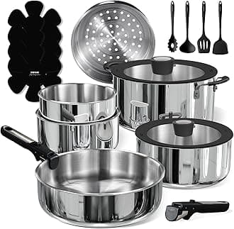 CAROTE 18pcs Stainless Steel Cookware Set with Detachable Handle, Nonstick Pots and Pans Set, Induction Kitchen Cookware Sets with Removable Handle, RV Cookware Set, Oven Safe, Camping Cookware, Black