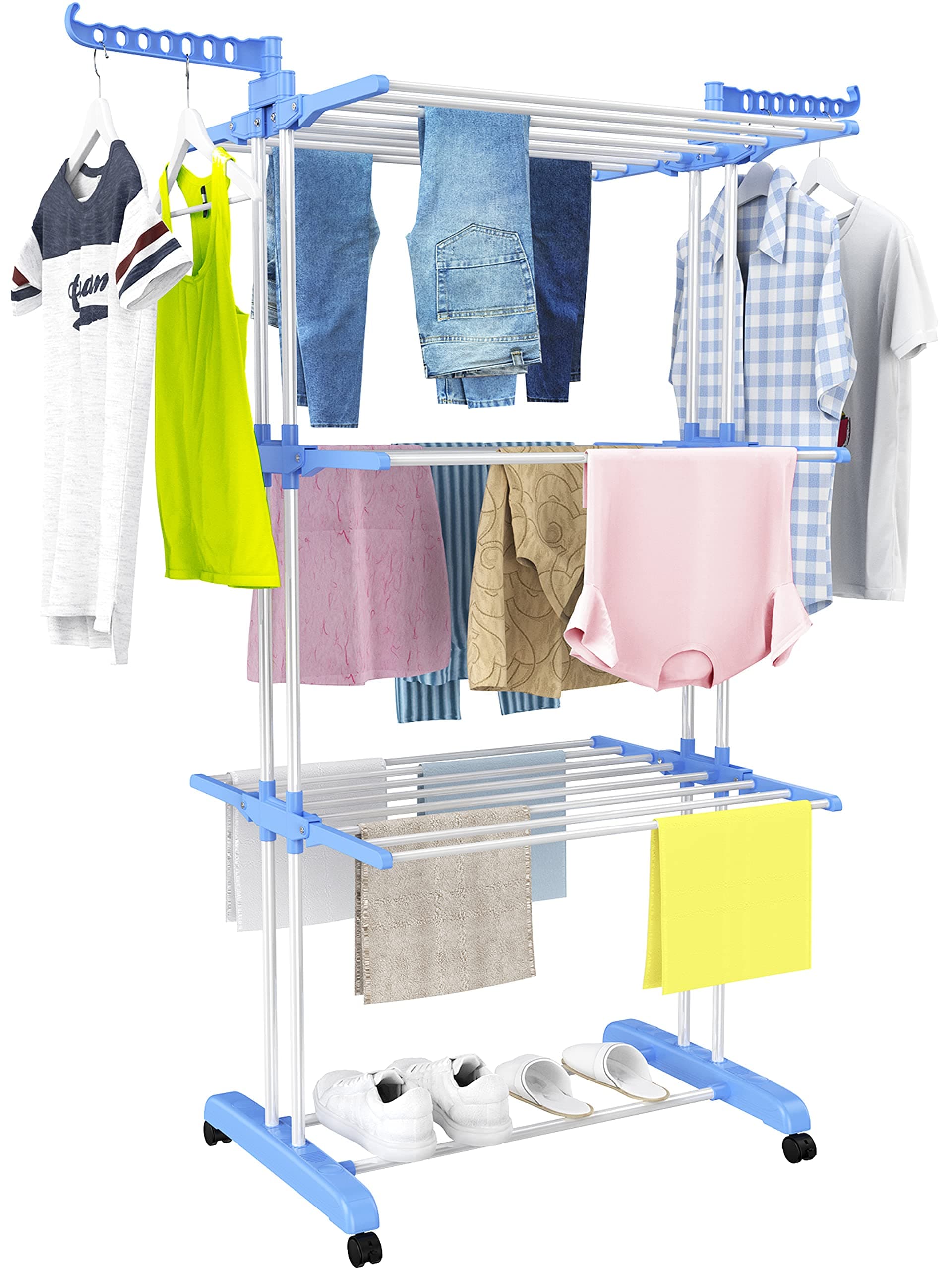 HOMIDEC Clothes Drying Rack, 4-Tier Foldable, Stainless Steel & Plastic, Blue, 67.7H x 19.7W x 30L Inches, Clothing, Floor Mount, Locking Wheels