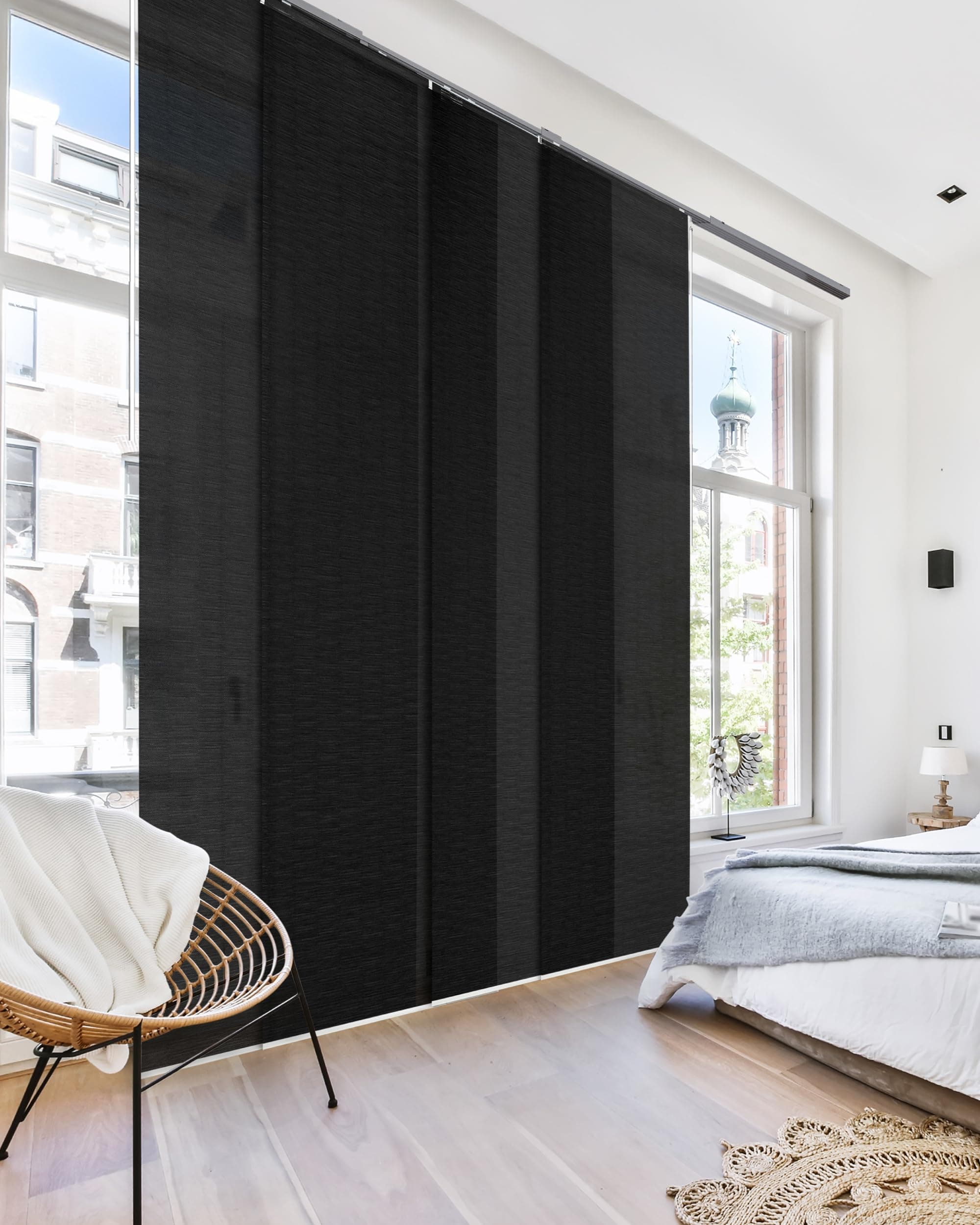 GoDear Design Cordless Sliding Panel Vertical Blinds for Window, Sliding Glass Doors, Room Dividers, Adjustable Track Width 45.8"- 86",Trimmable Panel Height Up to 96", Semi-Sheer, Tulip Noir