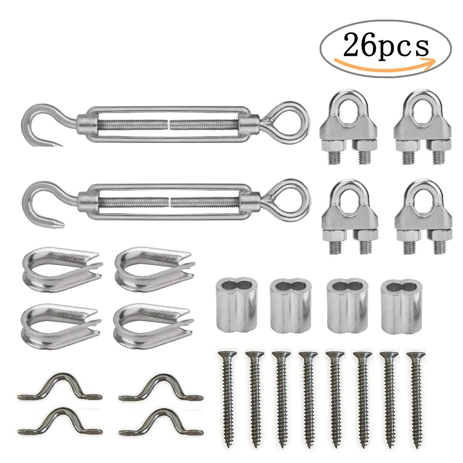 Creatyi Stainless Steel Cable Railing Kits,2 PCS M4 Eye&Eye Turnbuckle,4 PCS M3 Thimbles,4 PCS M3 Wire Rope Cable,4PCS M3 Crimping Loop Sleeve,4PCS M8 Wire Eye Straps,8PCS M4 Screws