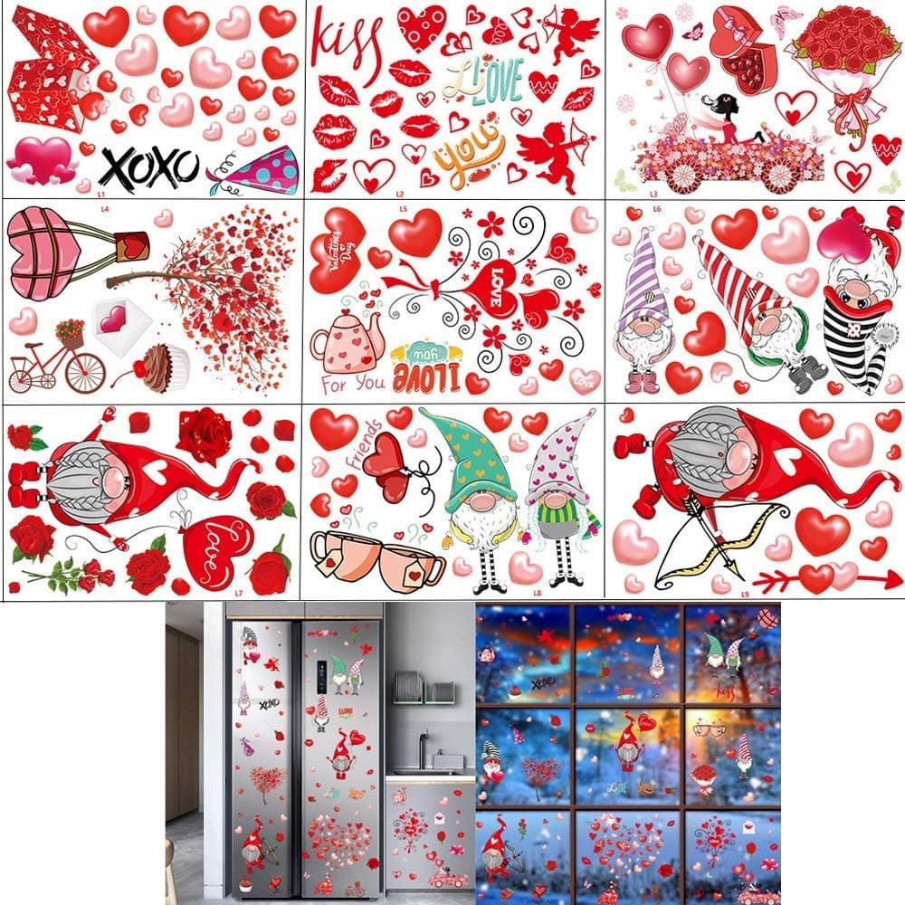 HeyMoly St. Valentine's Day Window Clings Decorations, 9 Sheets 149 PCS Double-Sided Removable Vinyl Window Sticker Decals for Home,Office,Valentines Party, Wedding, Anniversary Decors