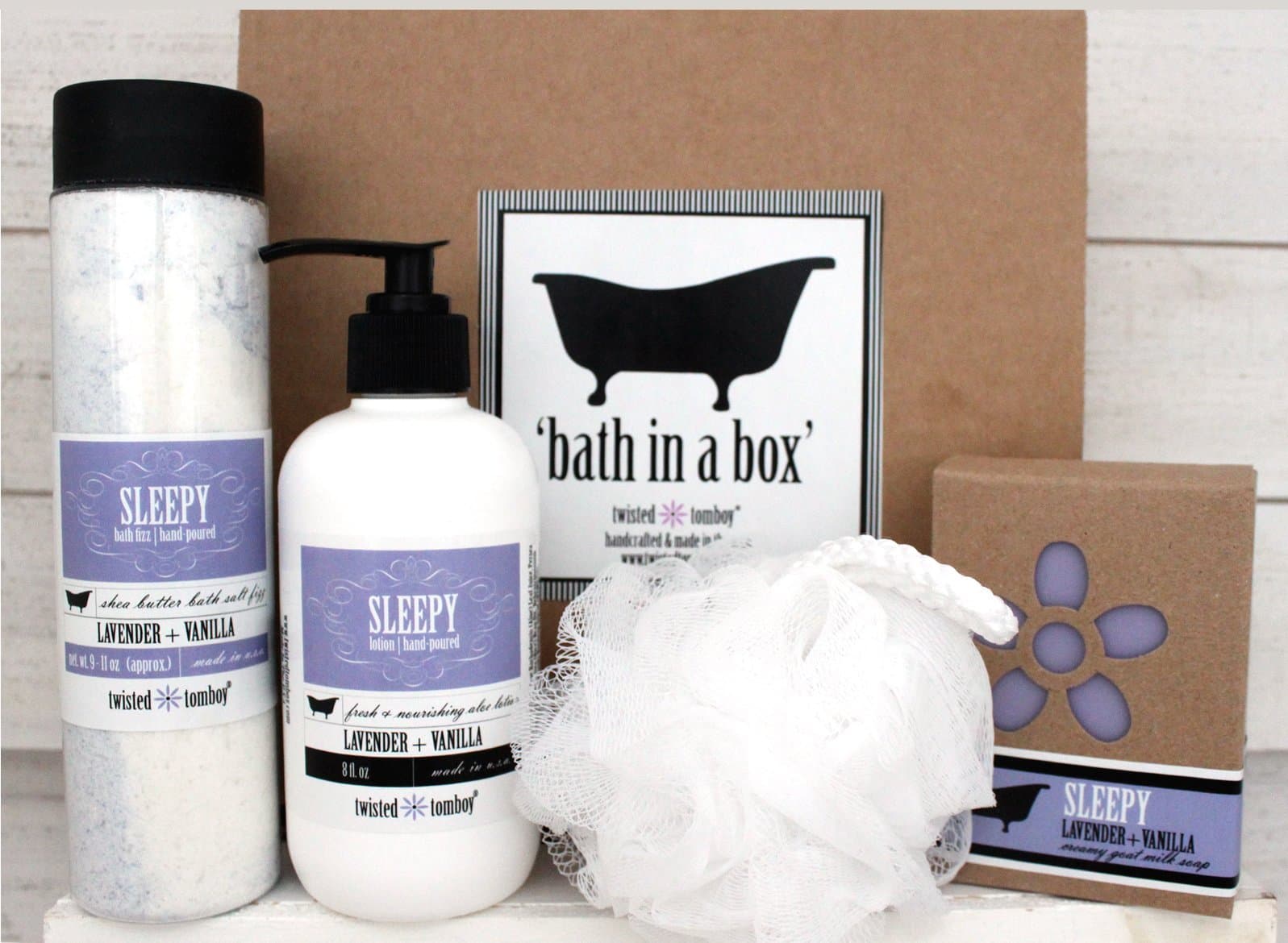 'Bath In A Box' Gift Set Lavender+Vanilla 'Sleepy' - Shea Butter Bath Salt Fizz (Bath Bomb In A Bottle), Goat Milk Soap & Moisturizing+Nourishing Aloe Lotion & Exfoliating Bath Puff MADE IN USA