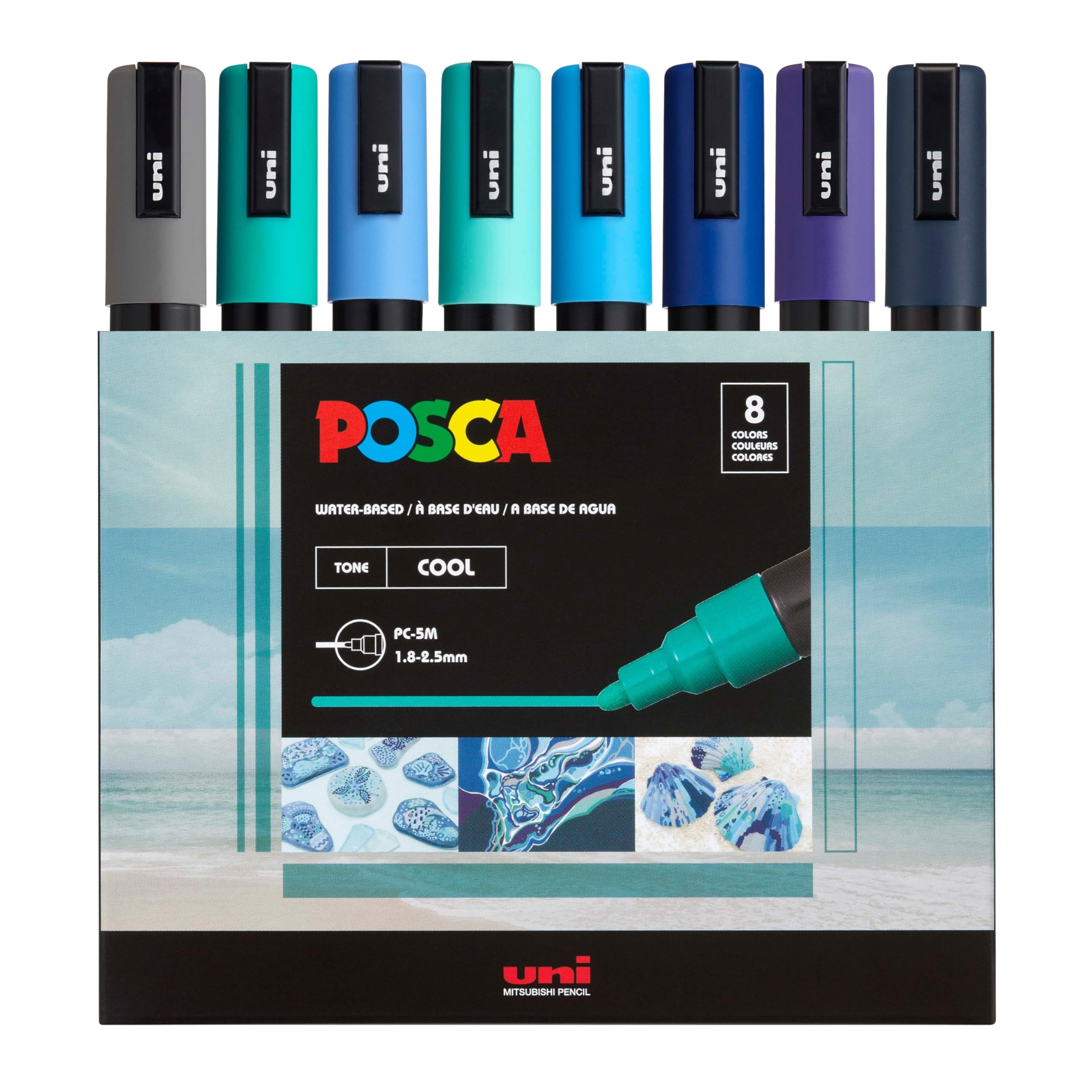 posca Markers Set, 8 Medium Paint Markers 5M – Cool Tone – Grey, Emerald Green, Sky Blue, Aqua Green, Light Blue, Blue, Blue