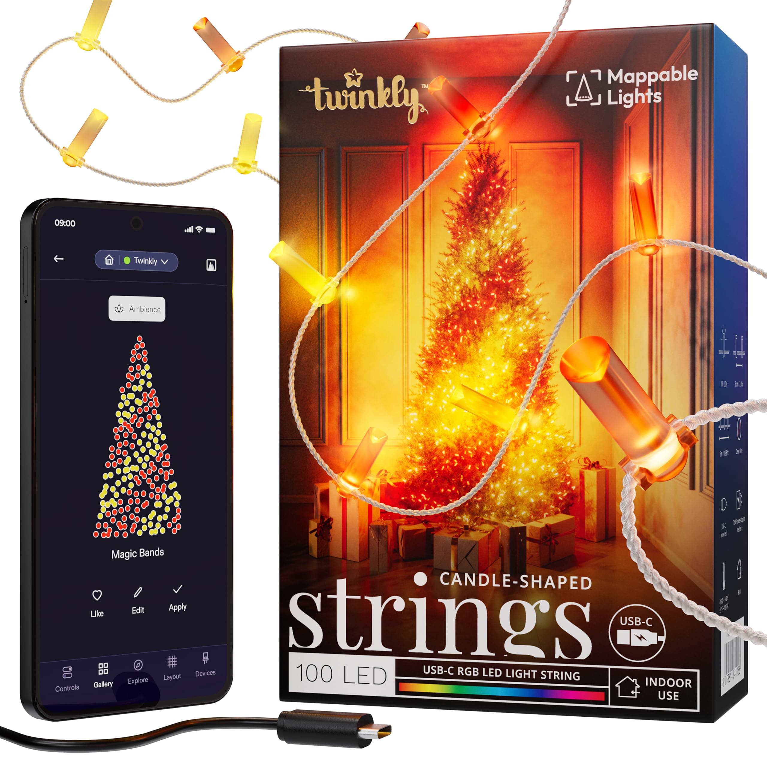 Strings USB-C Candle 100 LED, Candle-Shaped LED Light String, RGB Multicolor LED Lights, Valentine's Day Lights, Compatible with Alexa, Google Home, USB-C Power, Transparent Wire, 19.7ft