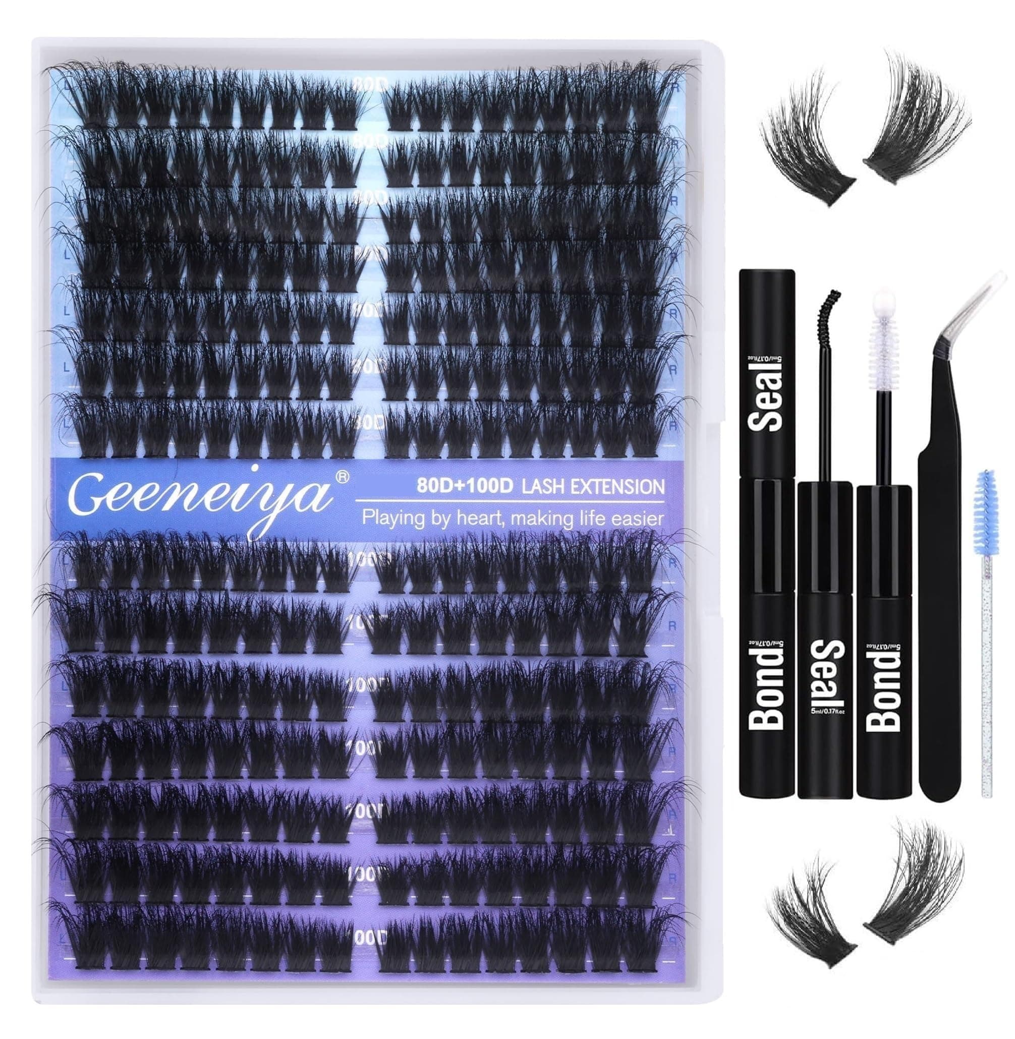Pre-made Cat Eye Lash Extension Kit Lash Clusters Kit 9-16mm Wispy Cluster Eyelash Extension Kit 80D+100D Individual Eyelashes with Lash Bond and Seal, Lash Tweezers by Geeneiya