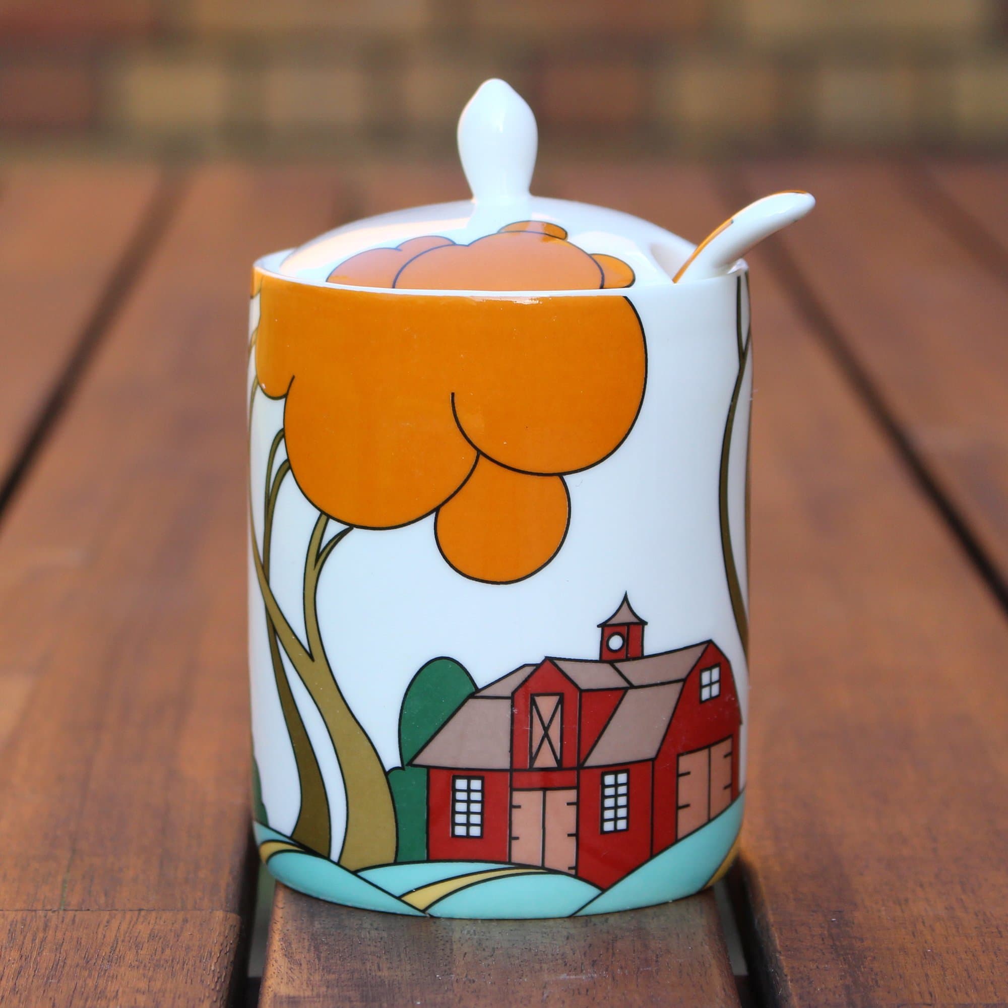 Honbeanify Modern Jam Pot and Spoon - Farm Barn - Clarice Cliff Inspired