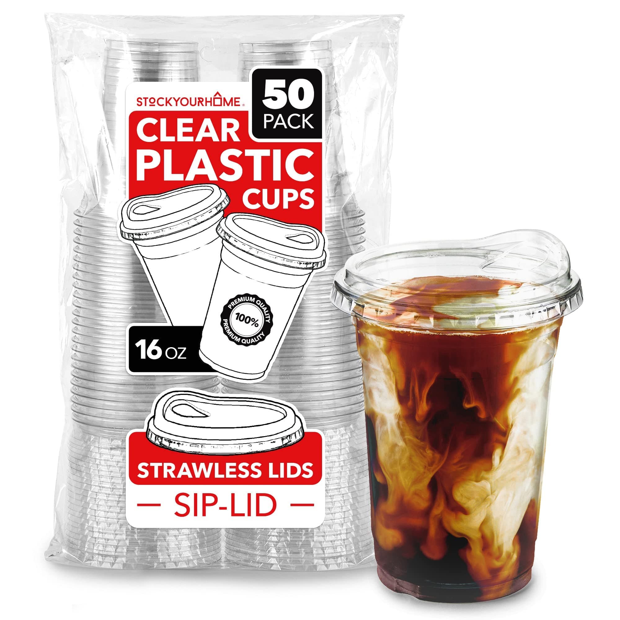 16 oz Clear Plastic Cups with Lids Disposable, Togo Drinking Cup with Strawless Sip Lid for Smoothie, Cold Brew Iced Coffee, Lemonade, Ice Latte, Boba, Party Drinks, Bulk, 16 Ounce (Set of 50)
