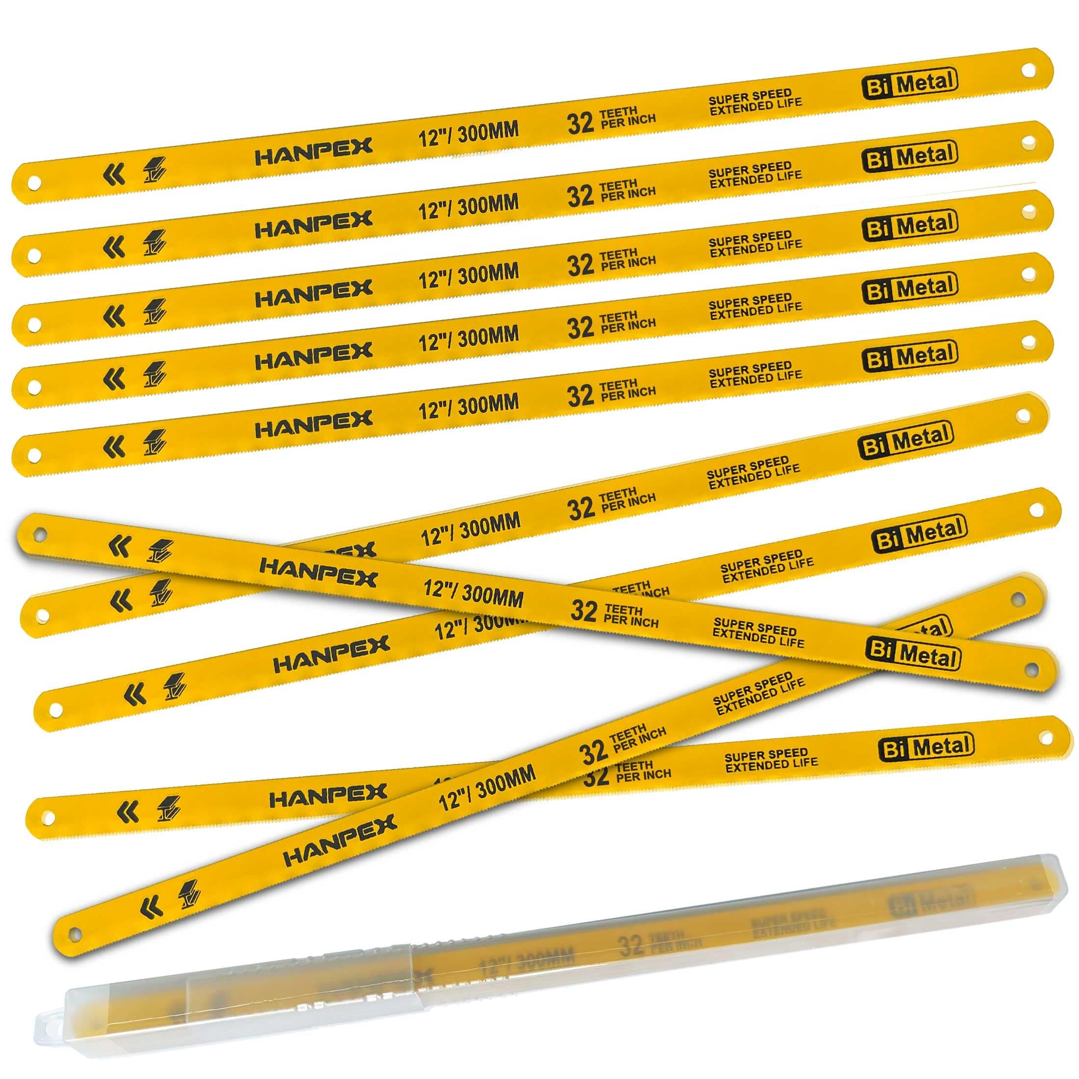 Hanpex Hacksaw Replacement Blades (10 Pack) High Speed 32 TPI - 12" Length Hack Saw Blade - Bi-Metal HSS Cutting Blades