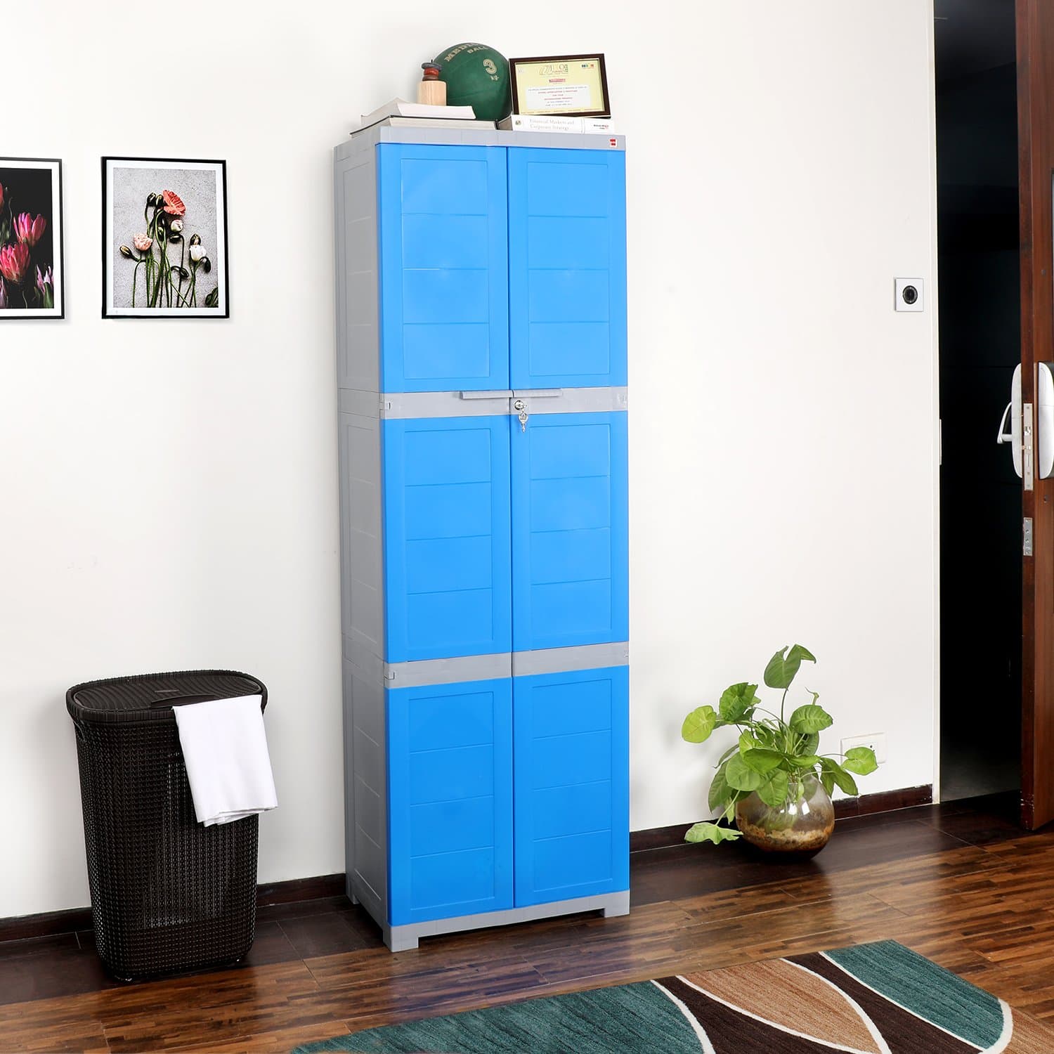 Cello Novelty Large Plastic Cabinet with Dustproof Doors| 3 Year Warranty | Almirah, Cupboard, Wardrobe for Home, Living Room, Bedroom, Kitchen, Office, Outdoor| Blue & Grey Colour