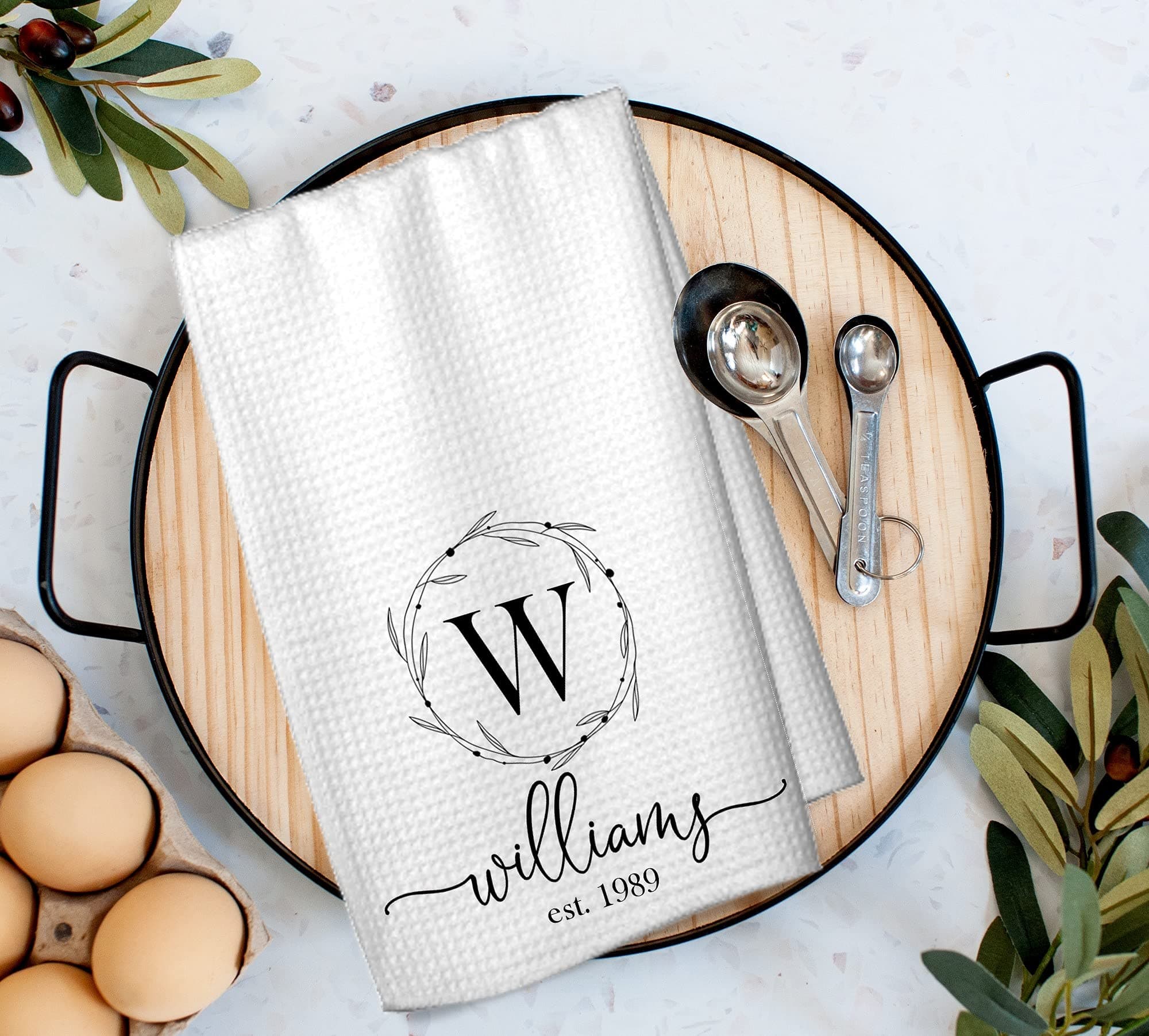 Studio 9Thirty3 Personalized Family Name and Initial Waffle Kitchen Towel, Wedding Gift, Shower Gift, Engagement Gift, Personalized Gift for Bride
