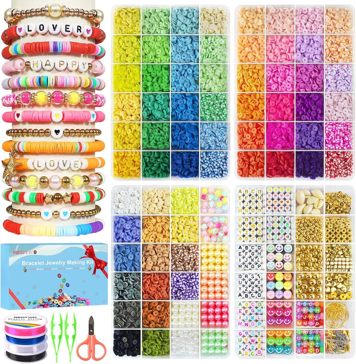 18000 Pcs Clay Beads Bracelet Making Kit, 4 Boxes 64 Colors Flat Polymer Heishi Jewelry with Gift Pack, Friendship Bracelet for Girls Ages 8-12