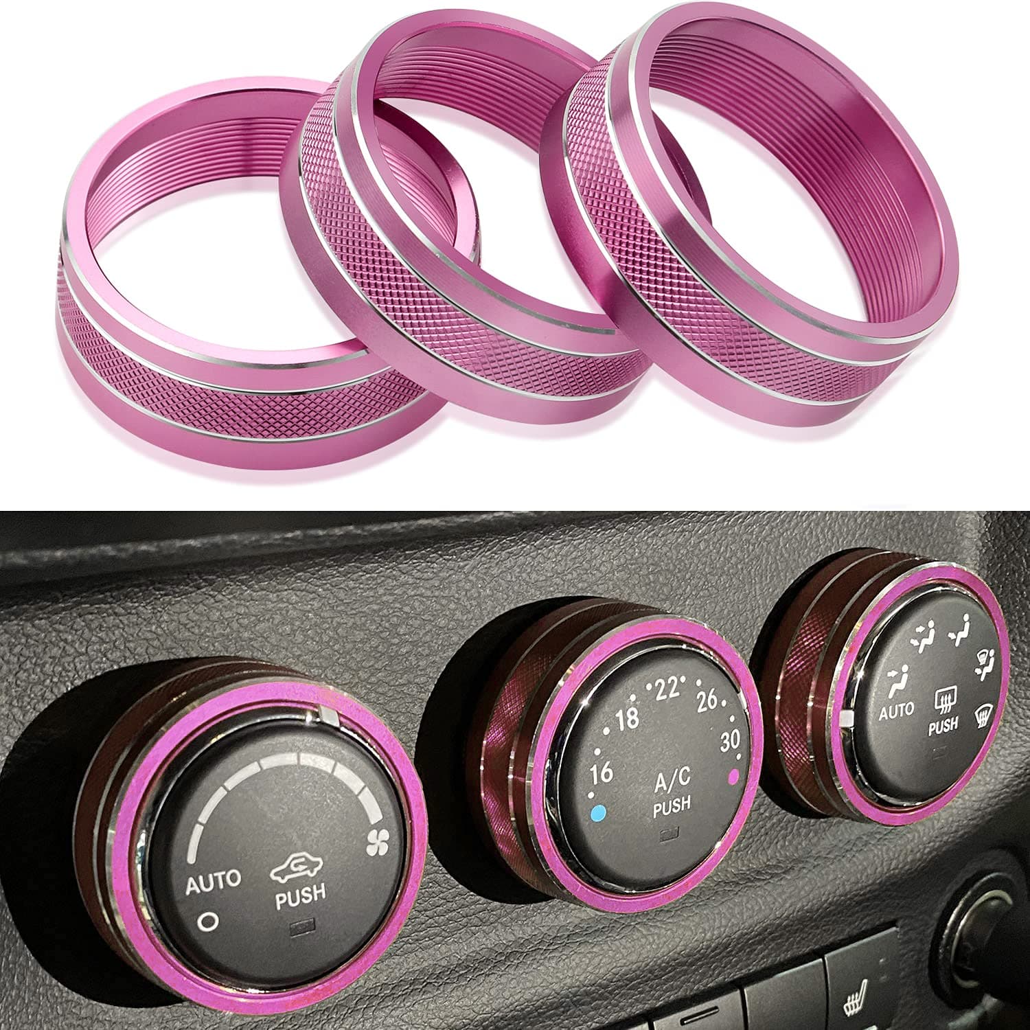 AC Climate Control Knob Ring Air Conditioner Switch Volume Cover Compatible with 2011-2017 Jeep Wrangler JK JKU/Dodge Challenger 2008-2014 Interior Conditioning Accessories Trim (3pcs/Set, Pink)