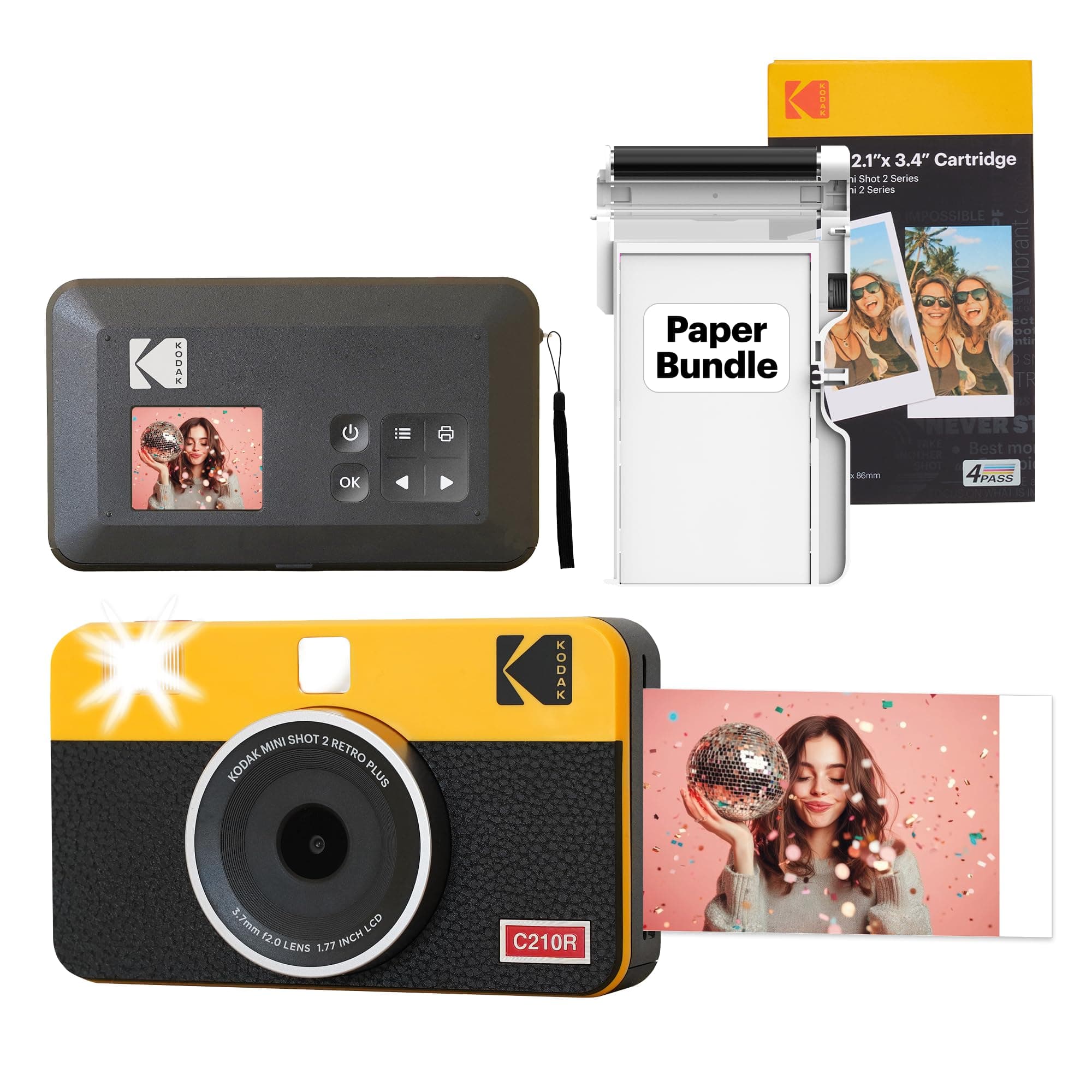 Mini Shot 2 Retro 4PASS 2-in-1 Instant Camera and Photo Printer (2.1x3.4 inches) + Initial 8 Sheets + 30 Sheets Bundle, Yellow