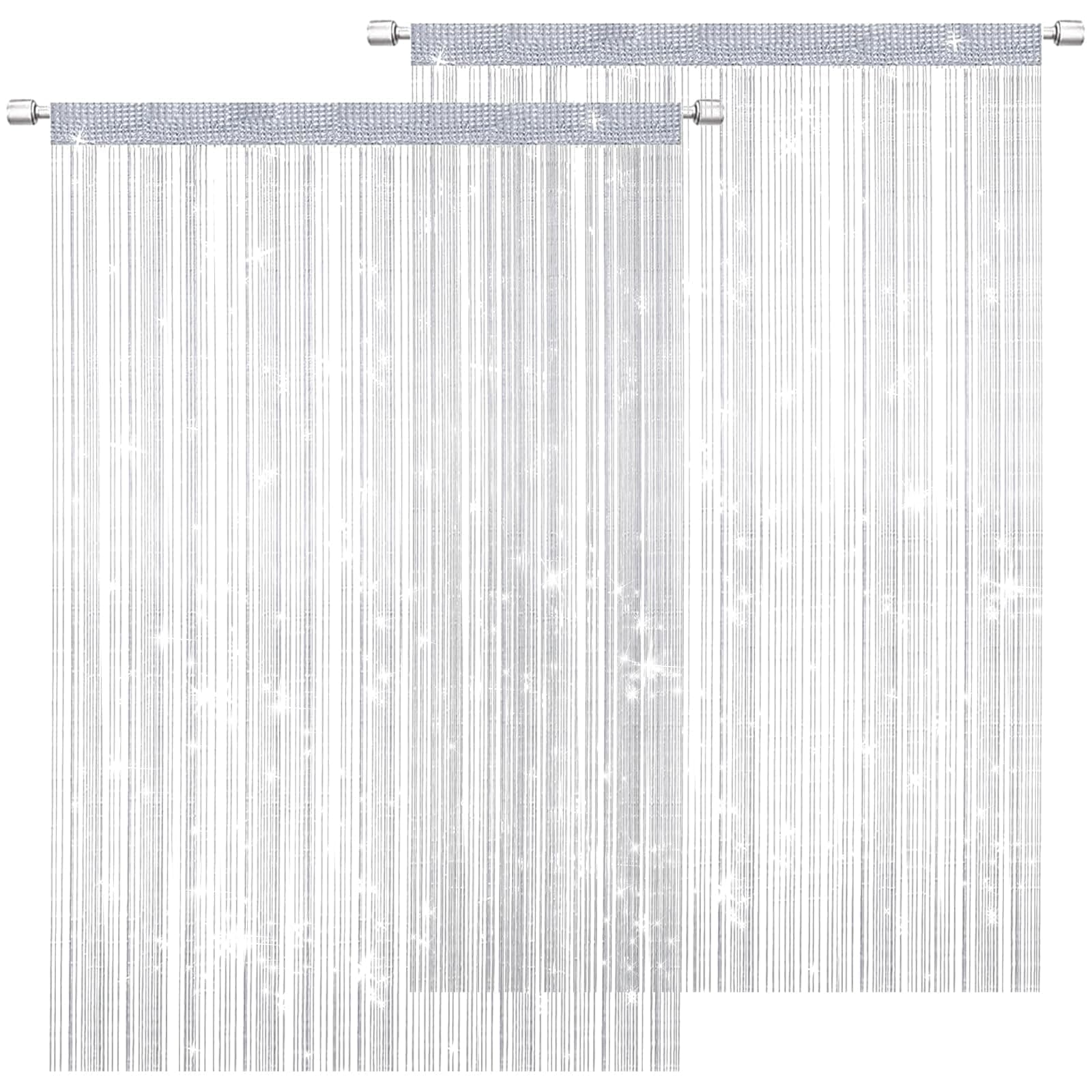 2 Pcs Glitter String Curtain Panel Set, 100 x 200 CM Decorative Door Curtain, Tassel Ribbon Strip Silver Screen, Room Divider for Living Room, Bedroom, Party (White)