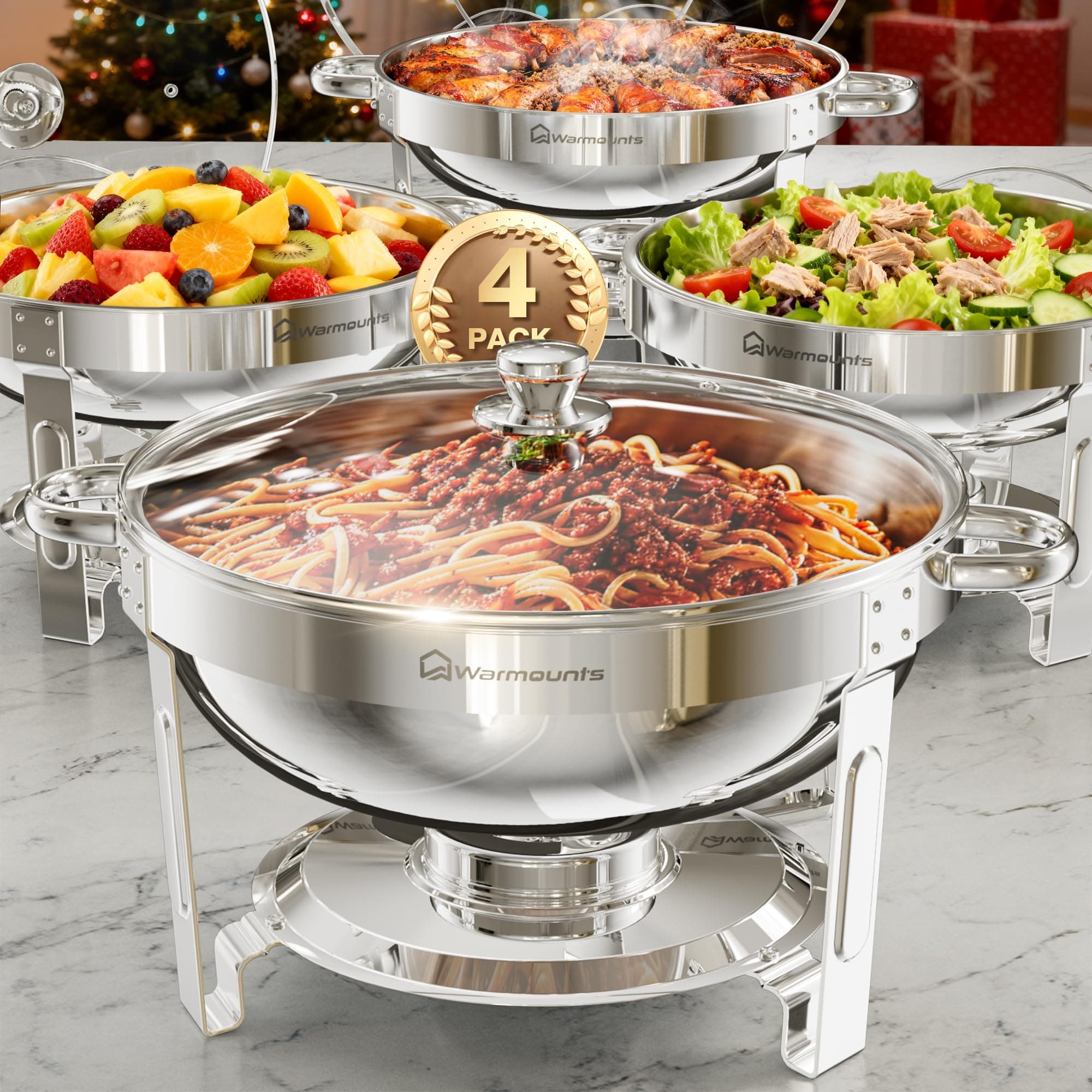 Warmounts 5QT Chafing Dish Buffet Set 4 Pack, Round Chafing Dishes for Buffet with Glass Lid & Lid Holder, Serving Utensils, Stainless Steel Chafers for Catering for Dinner, Parties, Wedding, Camping