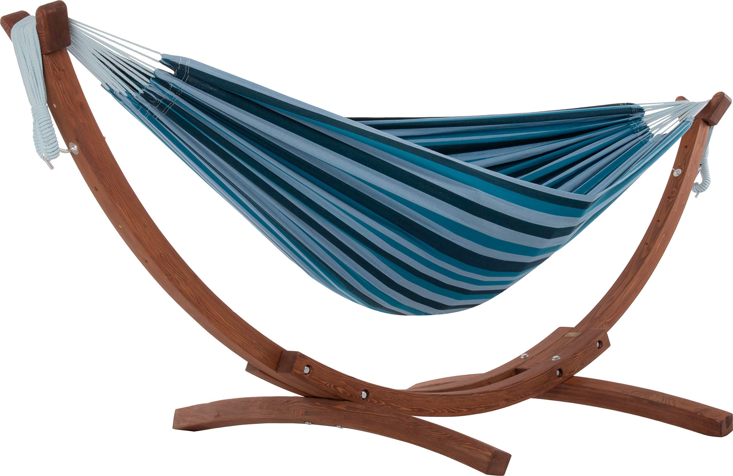 C8SPCT-34 Double Cotton Hammock with Solid Pine Arc Stand-Blue Lagoon, 254x117x104 cm