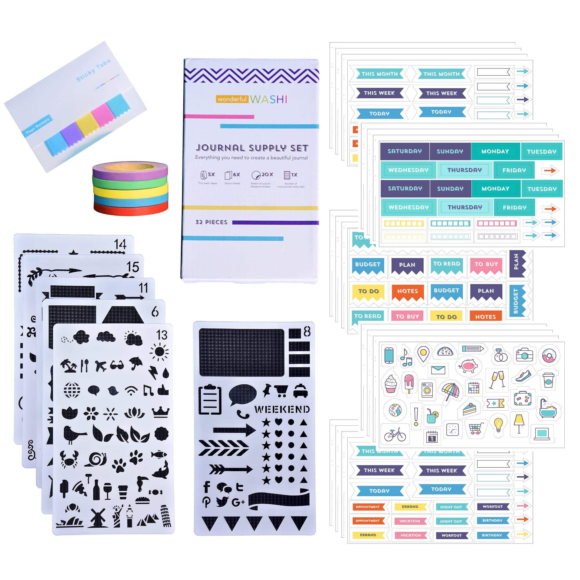 Perfect Planner Journal Supplies Kit - 32 Piece Set, Custom-Designed Supplies for Bullet Dot Journals and Planners, Includes Stickers, Stencils, Washi Tapes and Sticky Notes, by Wonderful Washi