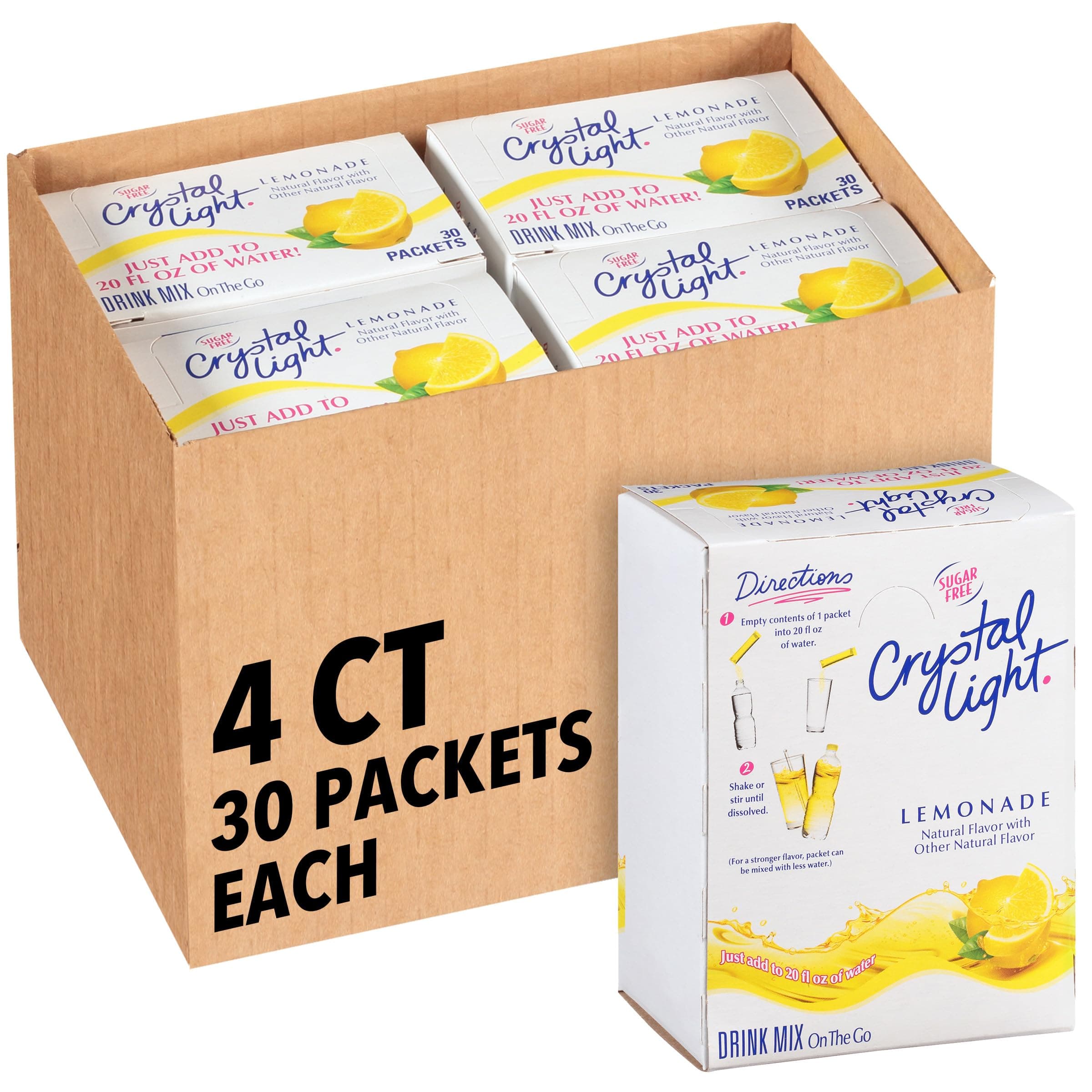 Crystal Light On The Go Sticks - 20oz Water Bottle Size - 30ct boxes (Pack of 4) - Lemonade