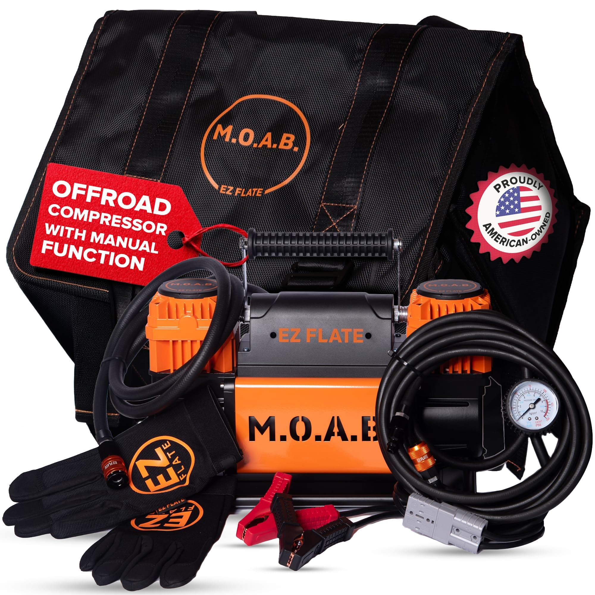 EZ FLATE M.O.A.B. Dual Air Compressor for 4x4 Offroad Vehicles, Fast Inflation, 12V Power, Easy to Use, Storage Bag