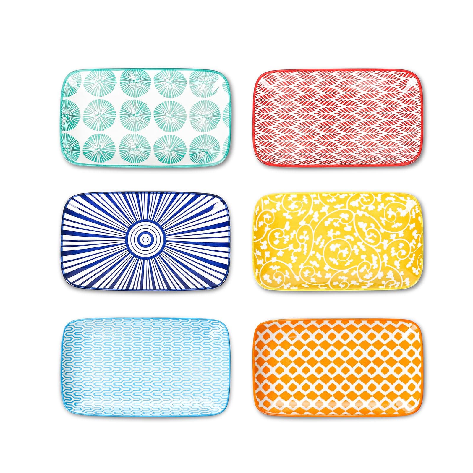 Selamica Rectangular Salad Plates, 7.1 Inch Dessert Plates Ceramic, Small Plates for Appetizer, Snack, Sushi, Fruit, Set of 6, Assorted Colors