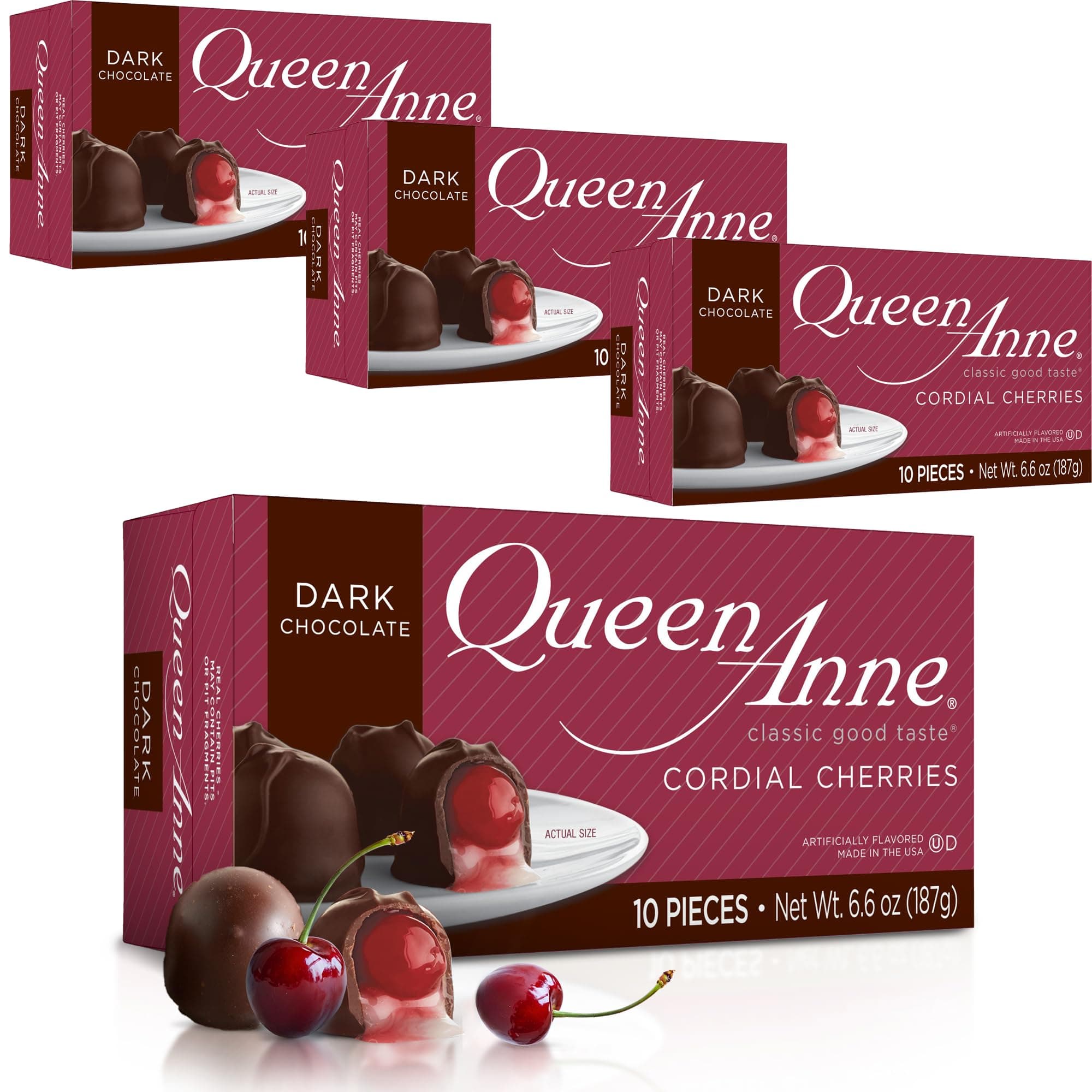 Queen Anne Dark Chocolate Covered Cordial Cherries | 6.6 oz (Pack of 4) | 10 Piece Gift Boxes | Whole Maraschino Cherry Creamy Filled Liquid Center | Holiday Party Chocolate Candy