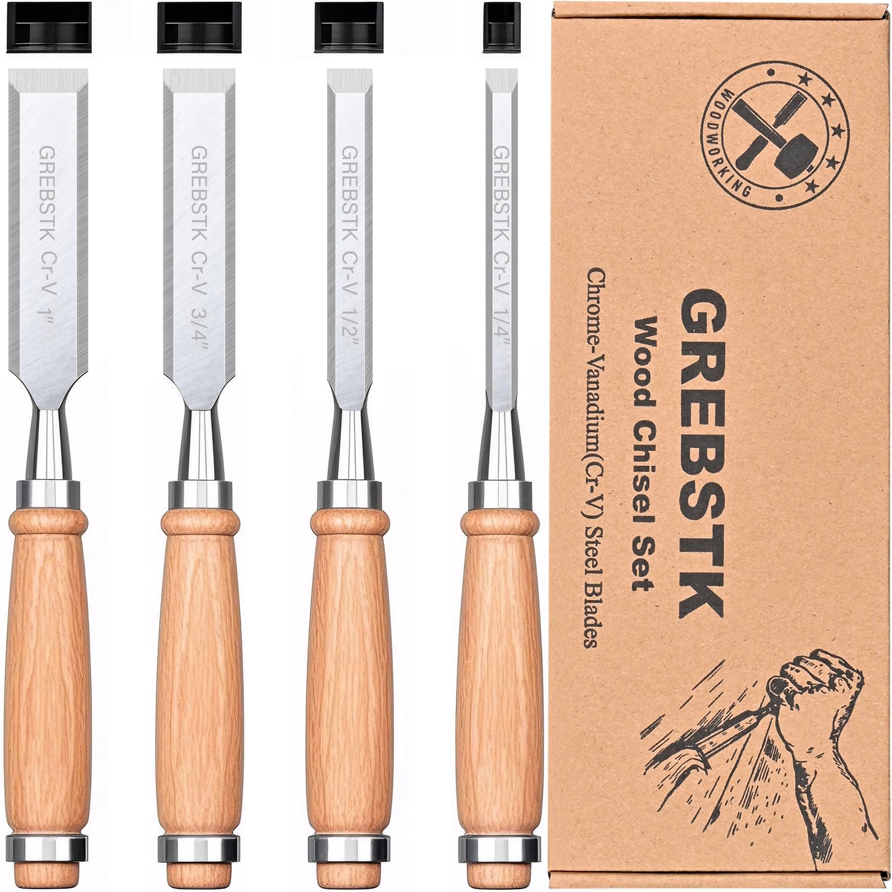 GREBSTK 4PCS Wood Chisel Set, Burr-Free CR-V Steel Beveled Blades, 25° Bevel Edge, Ergonomic Handle with Blade Guards for DIY & Woodworking (1/4", 1/2", 3/4", 1")