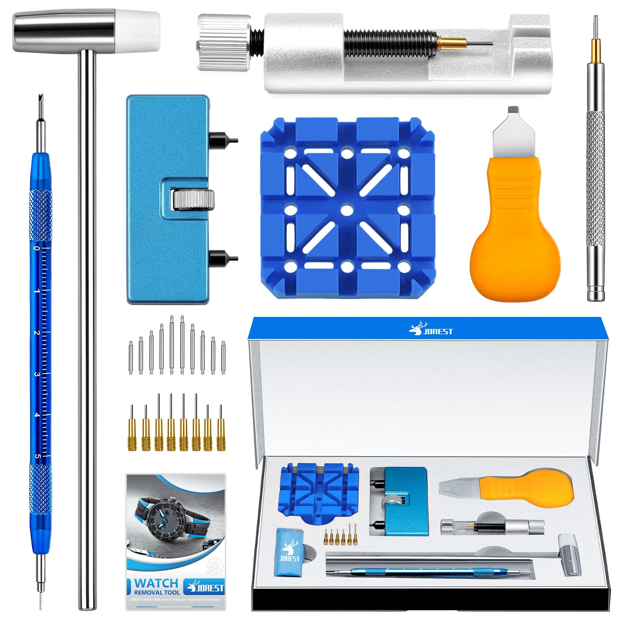 JOREST Watch Repair Tool Kit for Battery Replacement, Strap Adjustment Resizing, Watch Link Pin Remover, Watch Opening, Pry Knife Case Opener for Watch Back Removal, with Watch Hammer, Spring Bars