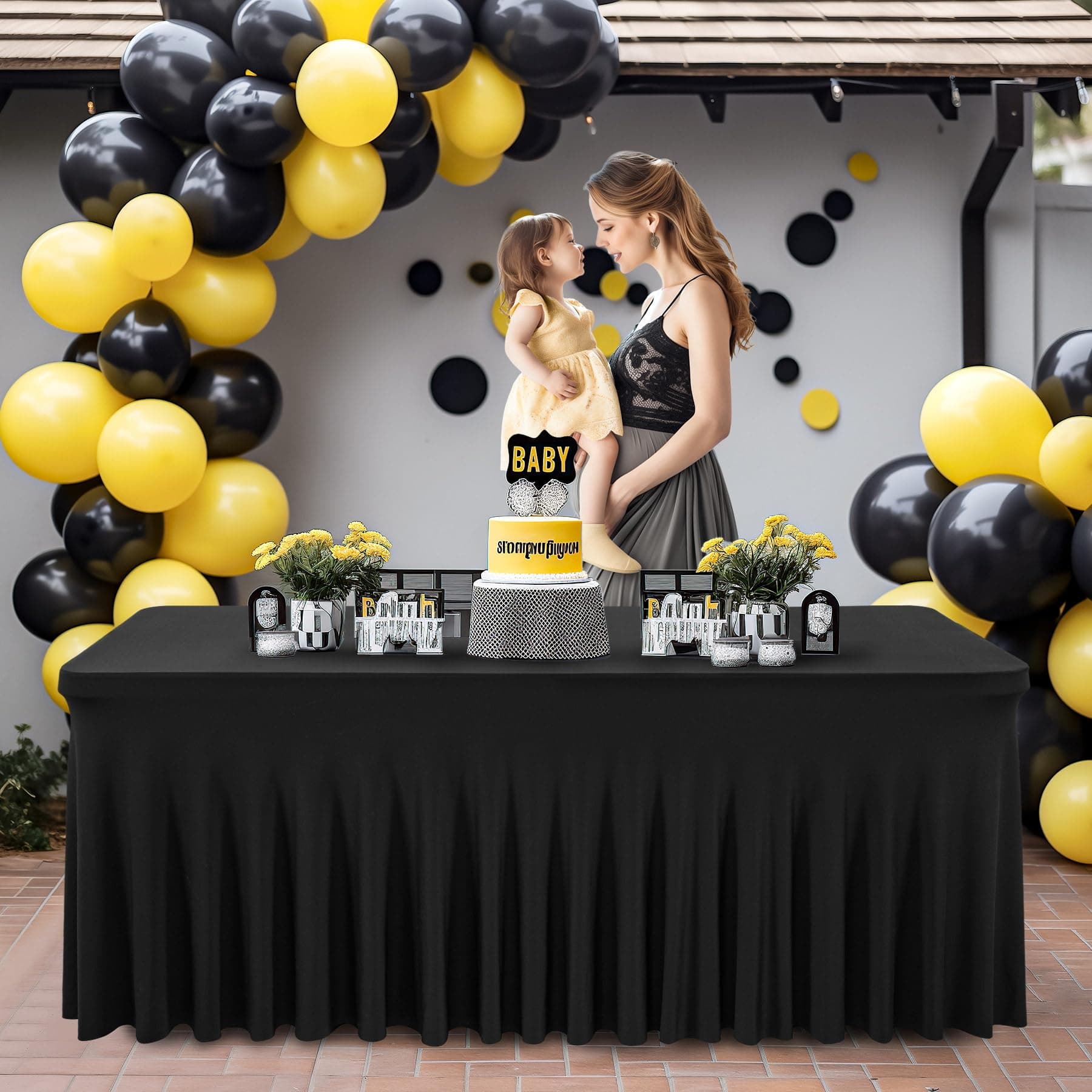 PARTISKY Black Spandex Table Skirts Table Covers for Rectangle Tables 6ft, Black Stretchable Folding Table Cloth for Banquet, Weddings, Birthday Parties