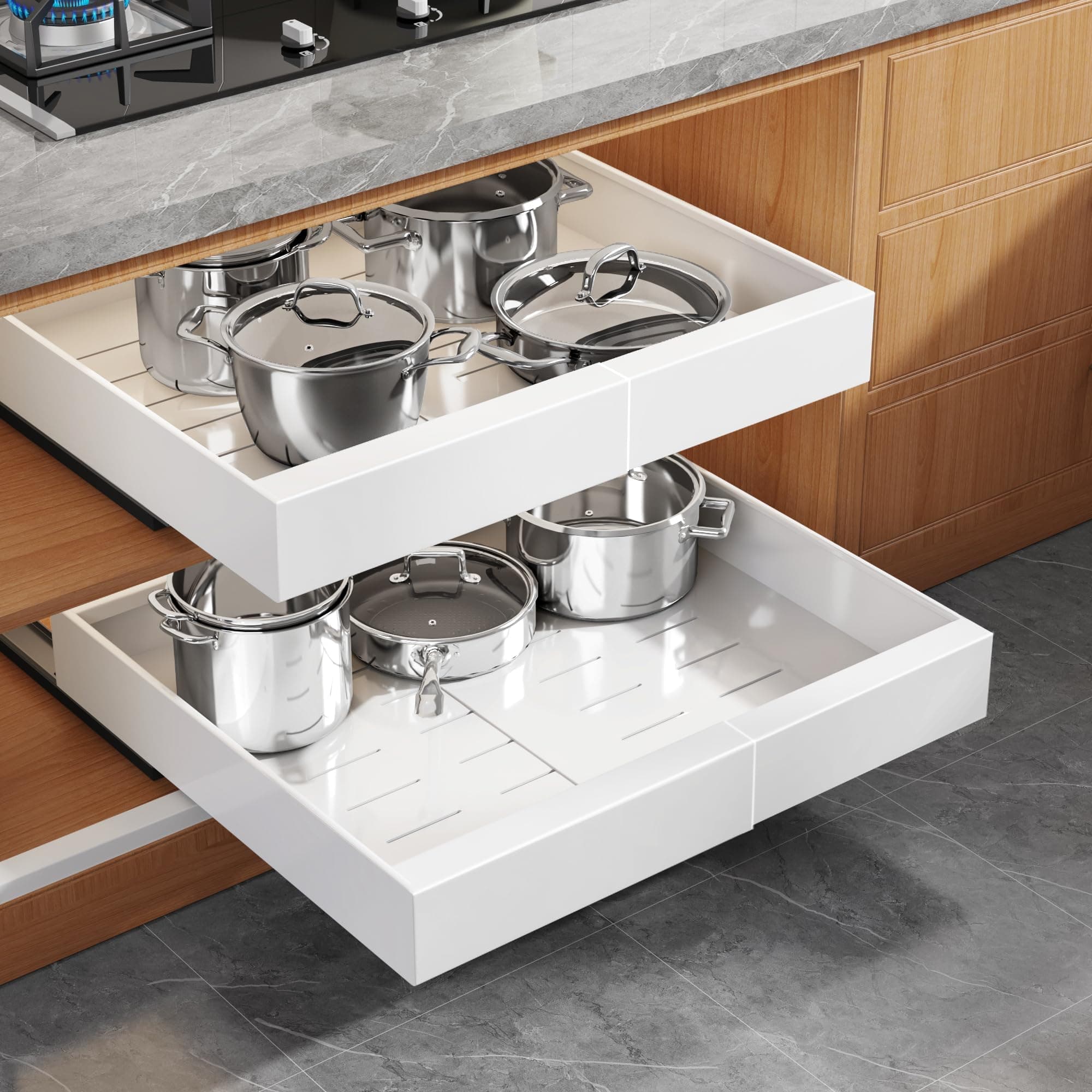 Seinloes 1 Pack Expandable Pull Out Cabinet Organizer 21" Deep with Raising Pad for Framed Cabinets,Upgrade 3 Slide Rails Slide Out Drawers,Roll Out Shelves Adhesive,Adjustable Width 12.05"-20.4"White