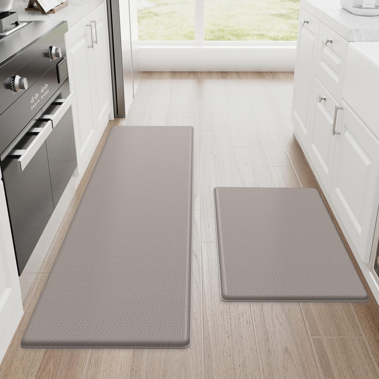StepRite Kitchen Mats, 2PCS Kitchen Rugs, Cushioned Anti Fatigue Kitchen Mats for Floor, Non-Slip Standing Desk Mat, Waterproof Kitchen Rug Set for Kitchen, Floor, Office, 17.3"x30"+17.3"x47", Khaki