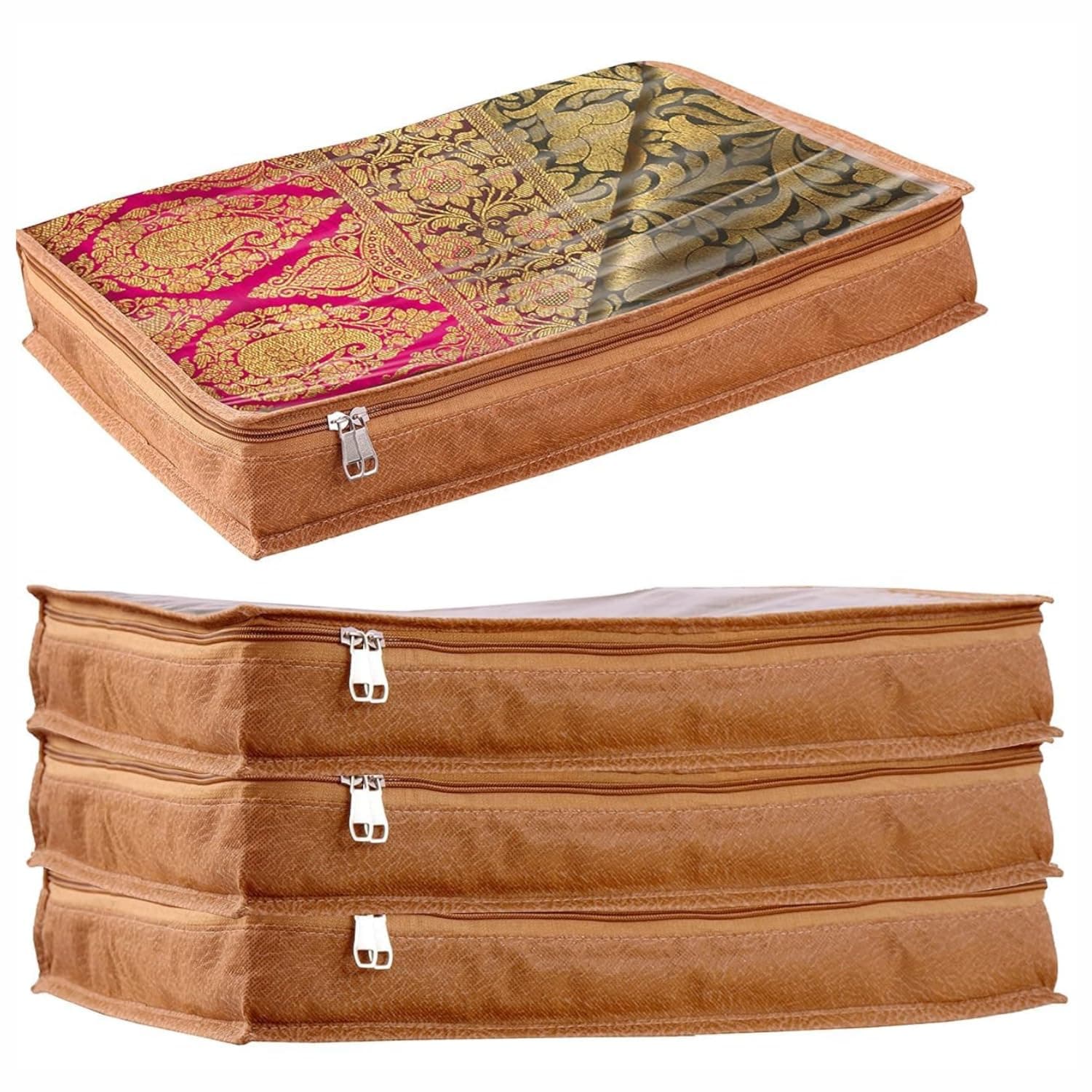 JD FRESH 4 Pcs Non-Woven Saree Covers For Storage/Saree Bags with Zip/Multi-Purpose Lehenga Storage Bag/Clothes Covers for Sarees/Dresses/Lehengas (16.5x13x3 Inch)