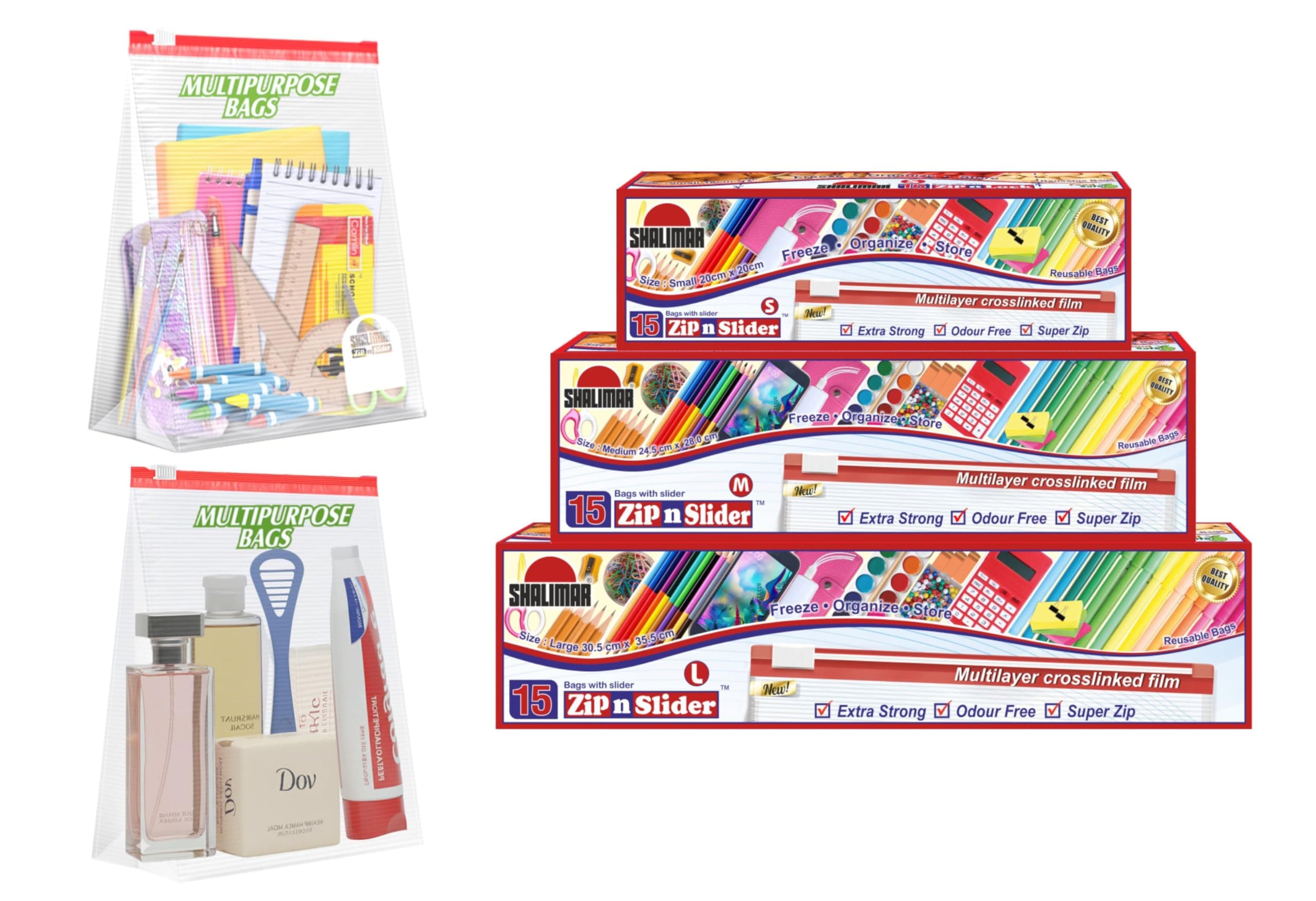 - Shalimar Zip 'N' Slider Bags | Combo Pack (Small + Medium + Large) | Pack of 45 Bags | Ziplock/Vegetable/Fruit/Fridge/Multi-Purpose Storage Bag | Reusable & Reclosable with Slider Lock | Color–Natural