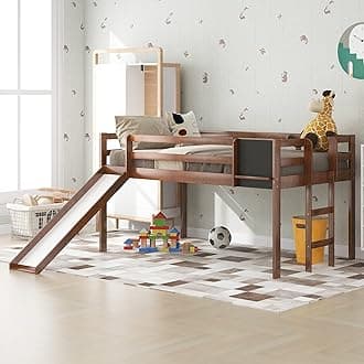 Twin Size Low Loft Bed with Slide,Kids Loft Bed with Chalkboard and Ladder,Wood Low Loft Bed Twin Size for Girls Boys,Walnut