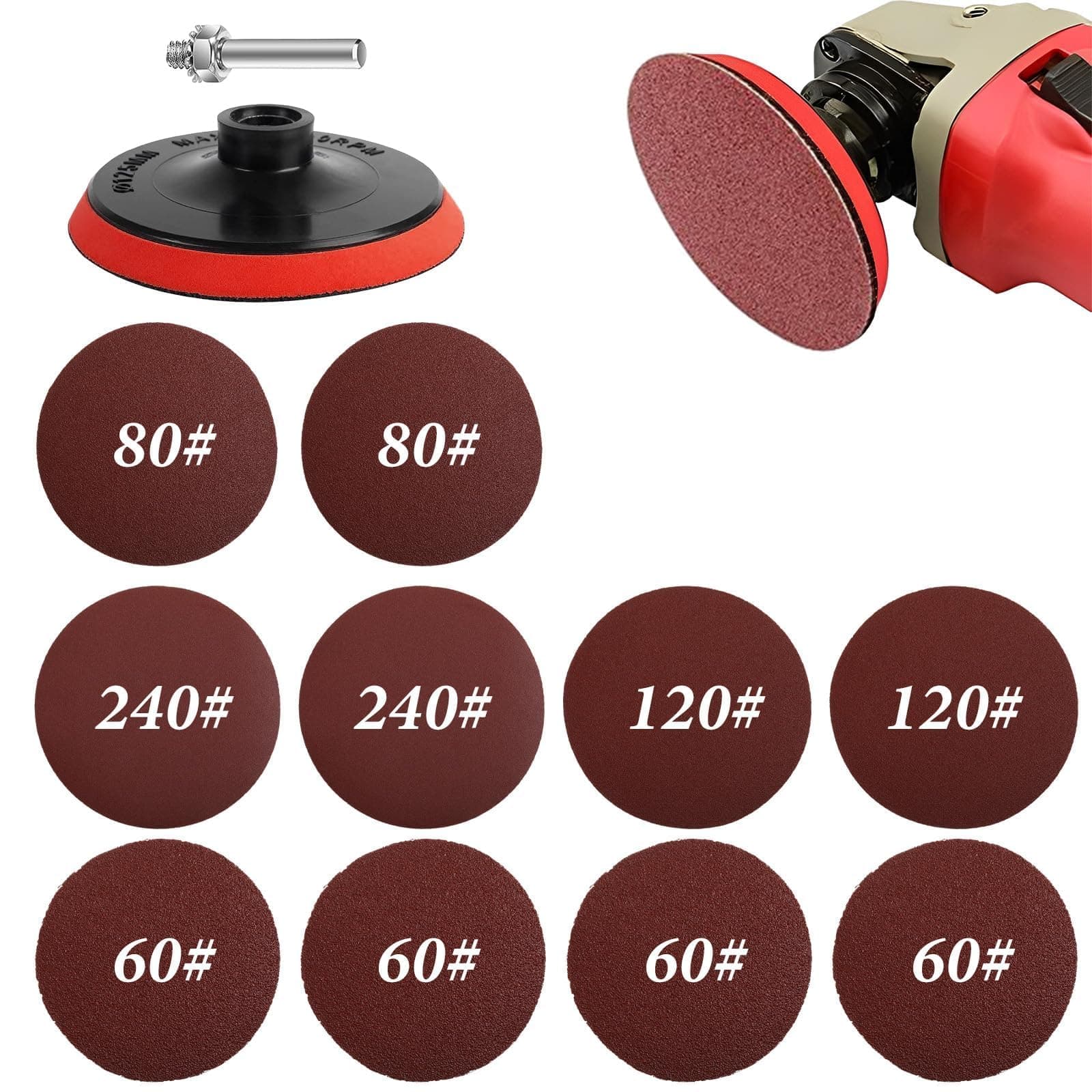 5 Inch Sandpaper Discs,Sanding Discs Pad Kit for Drill Sanding Attachment No Hole Hook and Loop 60/80/120/240 Grits Assorted for Random Orbital Sander,12Pcs