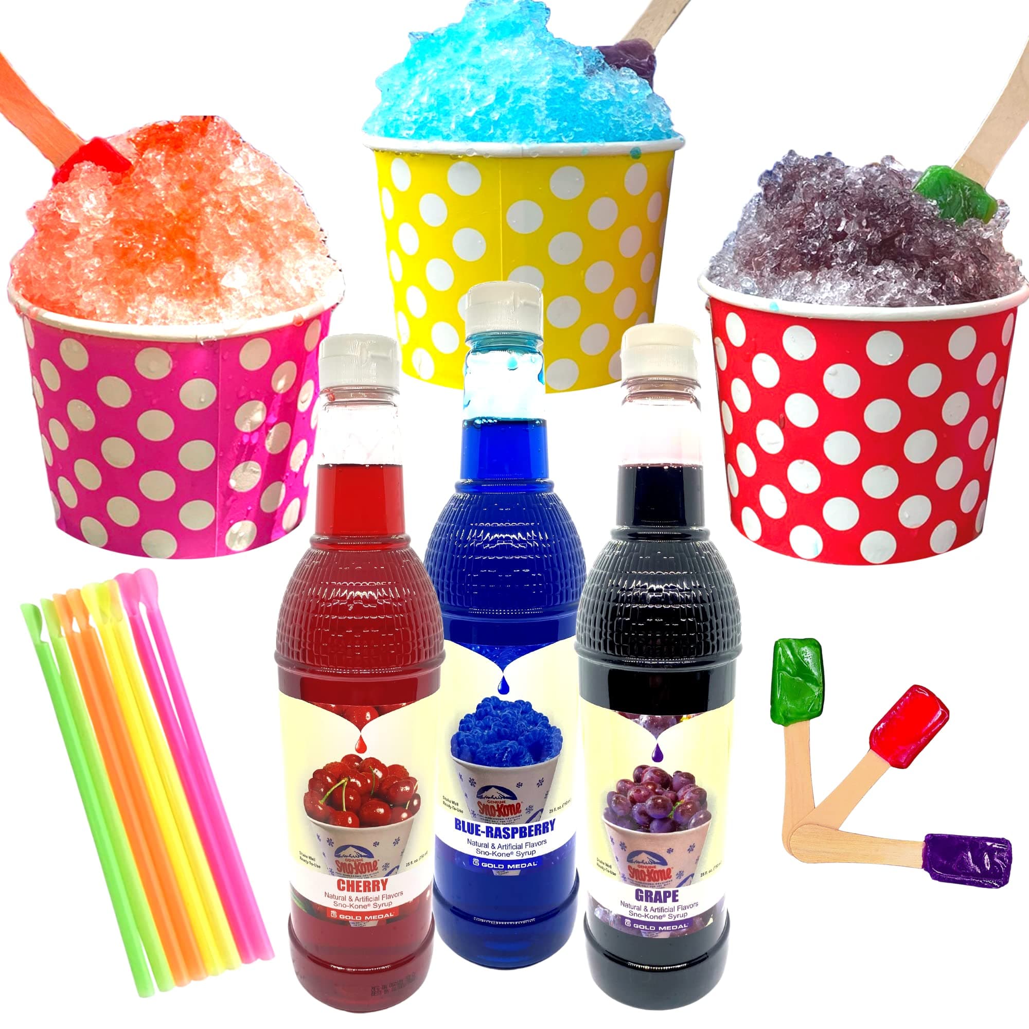 Concession Essentials 115 Piece Snow Cone/Shaved Ice Kit with 75 Ounces of Syrup, Cups, Neon Straws and Bonus Candy Spoons - Perfect for Birthdays, Sporting Events, Festivals