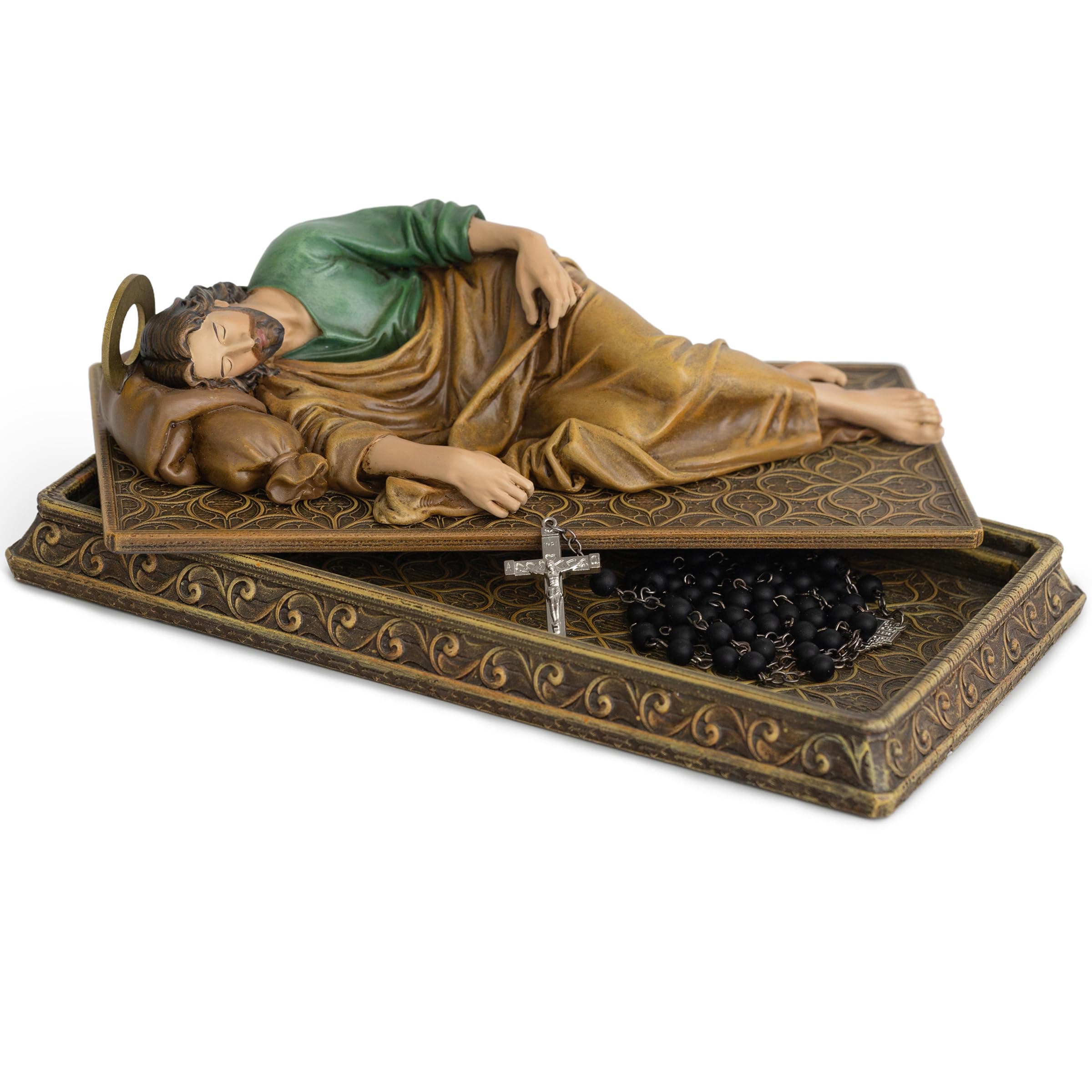 BC BUILDCLASSIC Catholic Sleeping St. Joseph Statue with Case Base, with Metal Halo,Prayer Cards Holder, Religious gift for Dad, Inspirational Home Decor 8.8" L, Hand Painted by (Dark Full color)