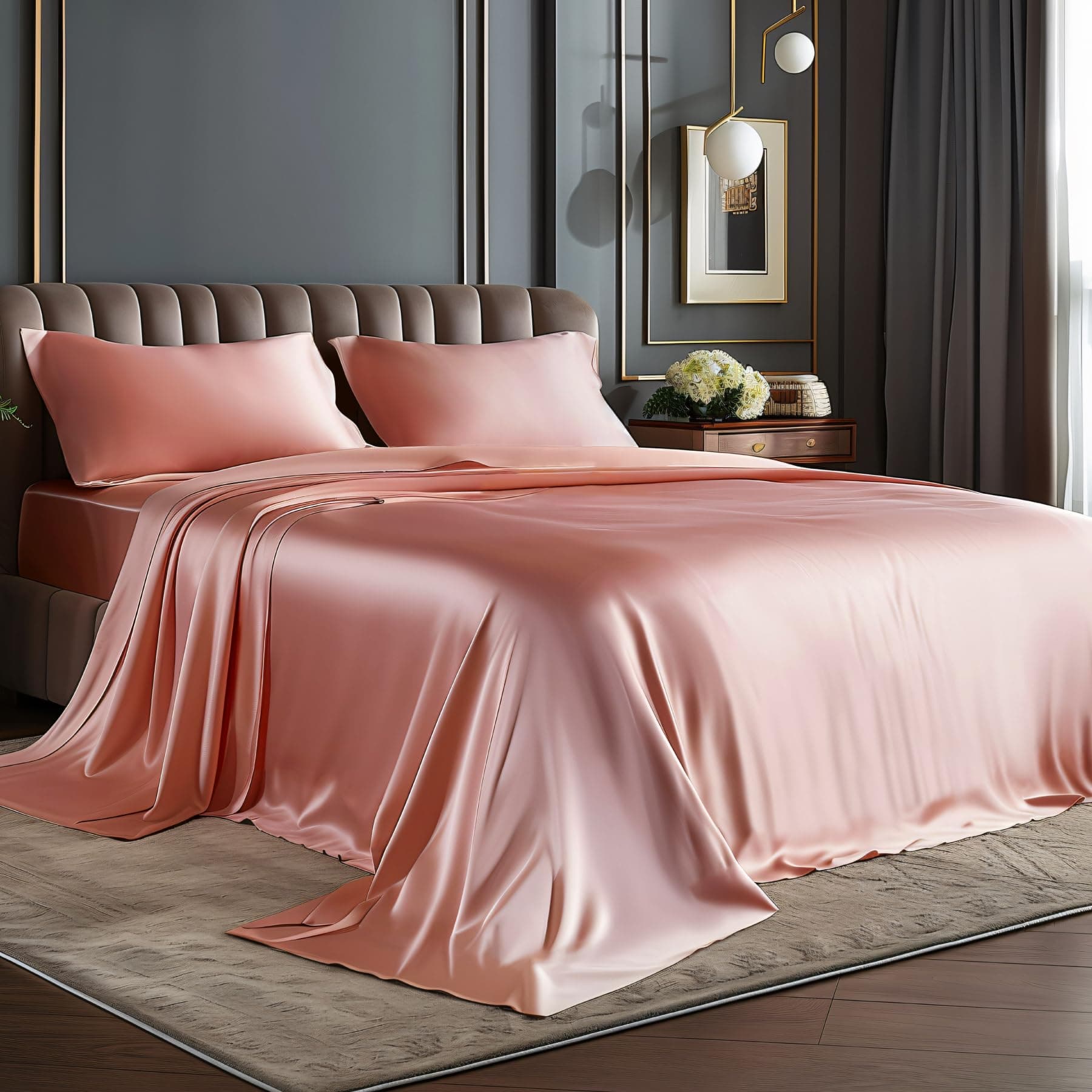 BEDELITE Satin Sheets Full Size Bed Set, Luxury Soft Rose Pink Silky Sheets for Hair and Skin, Similar to Silk Bed Sheets Set 4 Pieces with 1 Deep Pocket Fitted Sheet, 1 Flat Sheet, and 2 Pillowcases