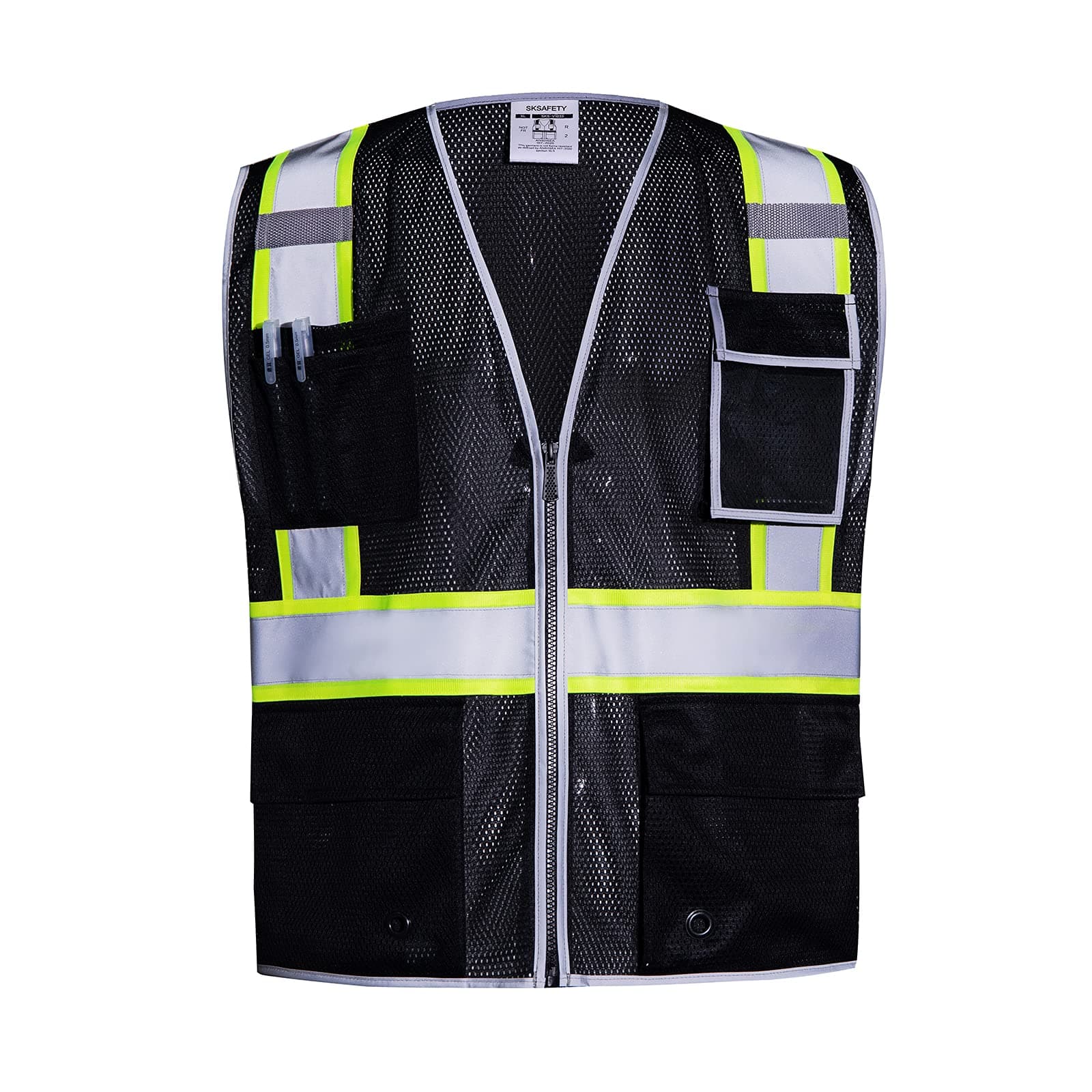 SKSAFETY 10 Pockets Safety Vest, Class 2 High Visibility Security with Zipper Double-sided mesh, Hi Vis Vest with Reflective Strips, ANSI/ISEA Standard, Construction Work Vest (Black, 2XL)