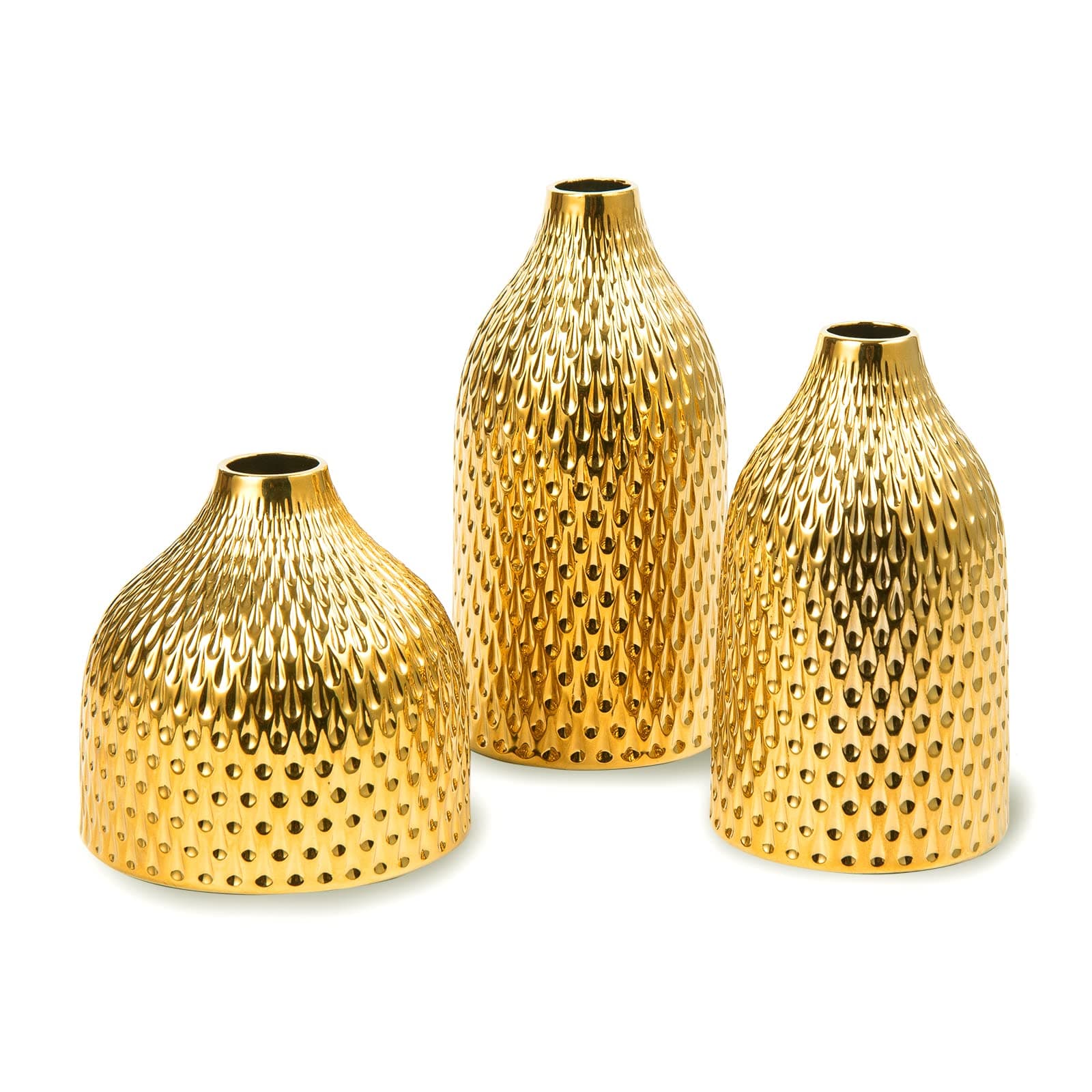 Ceramic Vase Set - 3 Small Vases, Luxurious Home Decor, Great for Centerpieces; Ideal Shelf Décor, Table Décor, Bookshelf, Mantle, Entryway- Gold